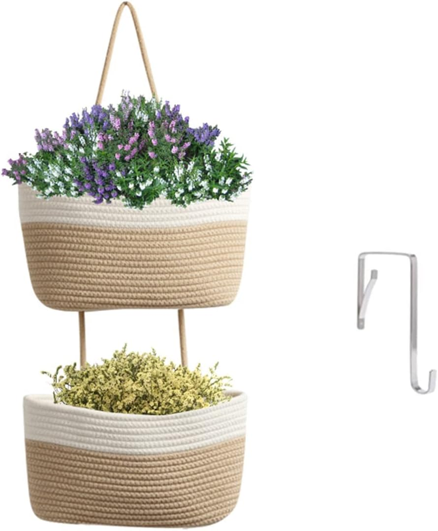 Teokj over the Door Hanging Baskets, 3-Tier Woven Cotton Storage Organizer Bag with Hooks Wall-Mounted Decorative Nursery Kitchen Baskets - White