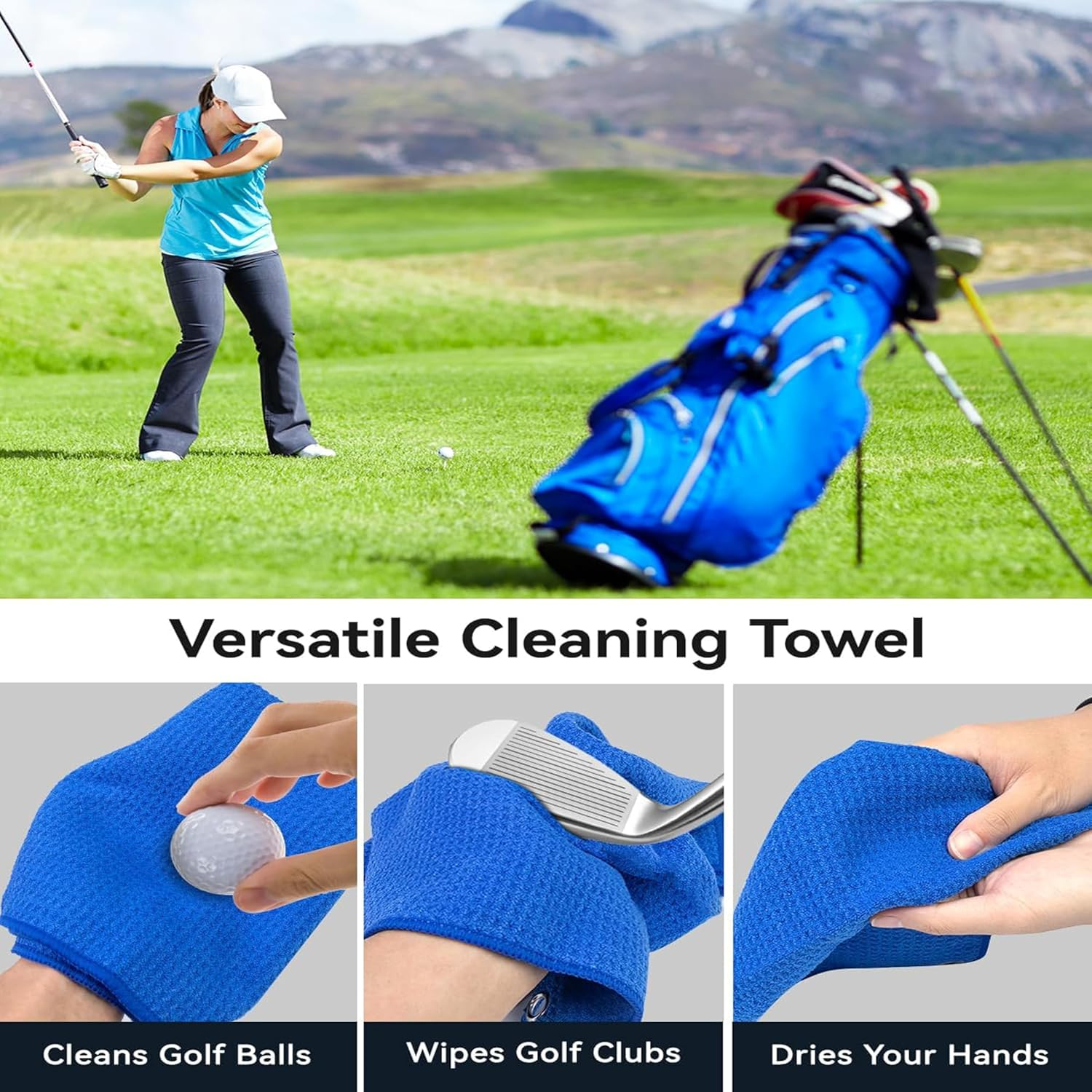 3 Pack 11.8"X11.8" Microfiber Golf Towels with Carabiner Clip, Quick-Dry Absorbent Golf Bag Accessories for Men (Gray, Blue, Black) image number 6