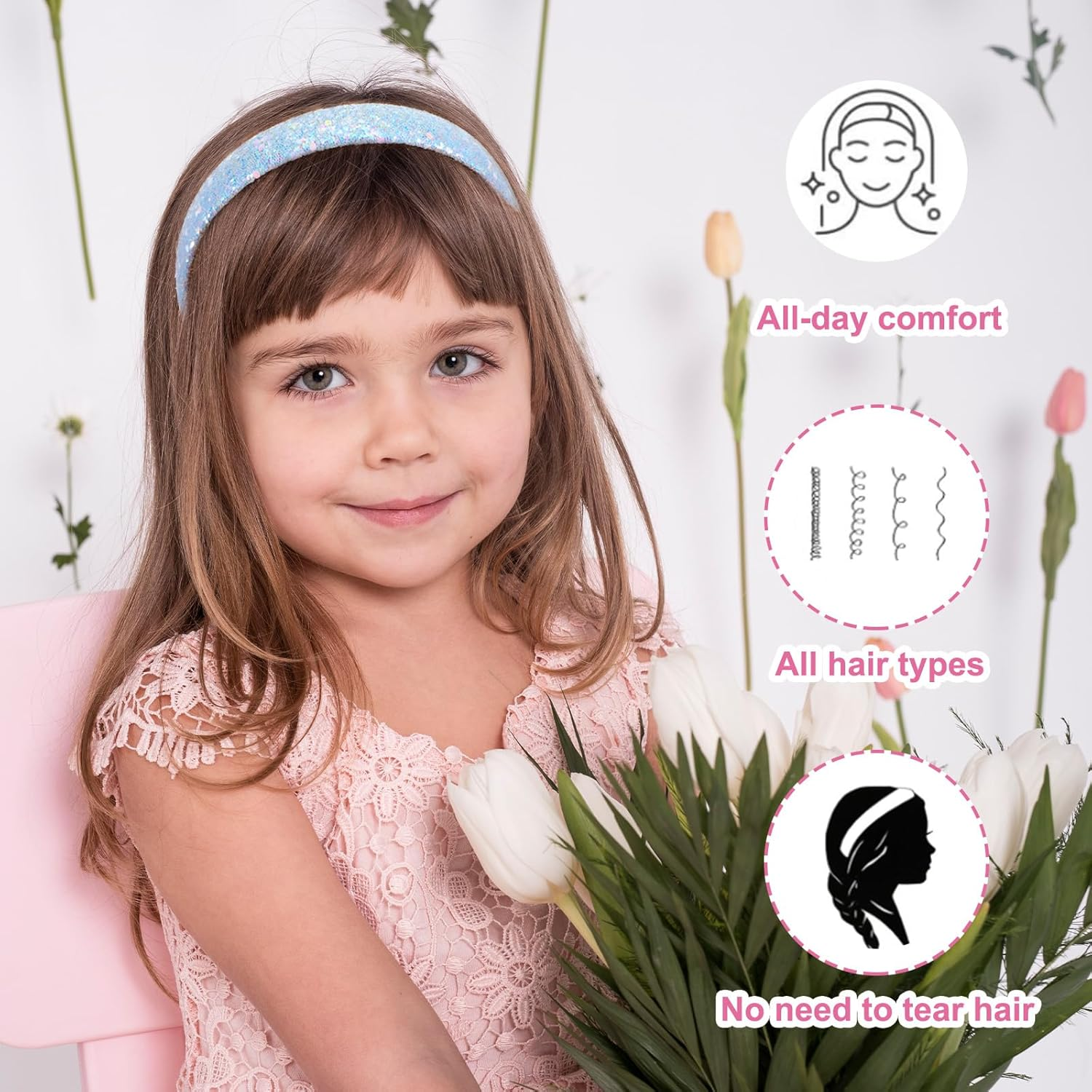 3PCS Kids Headbands for Girls Sparkly Headbands Wide Padded Hair Bands Thick Bling Fashion Cute Daily Accessories for Girls and Women (5.7&times;4.5 Inches, Pink + Sky Blue + White) image number 2