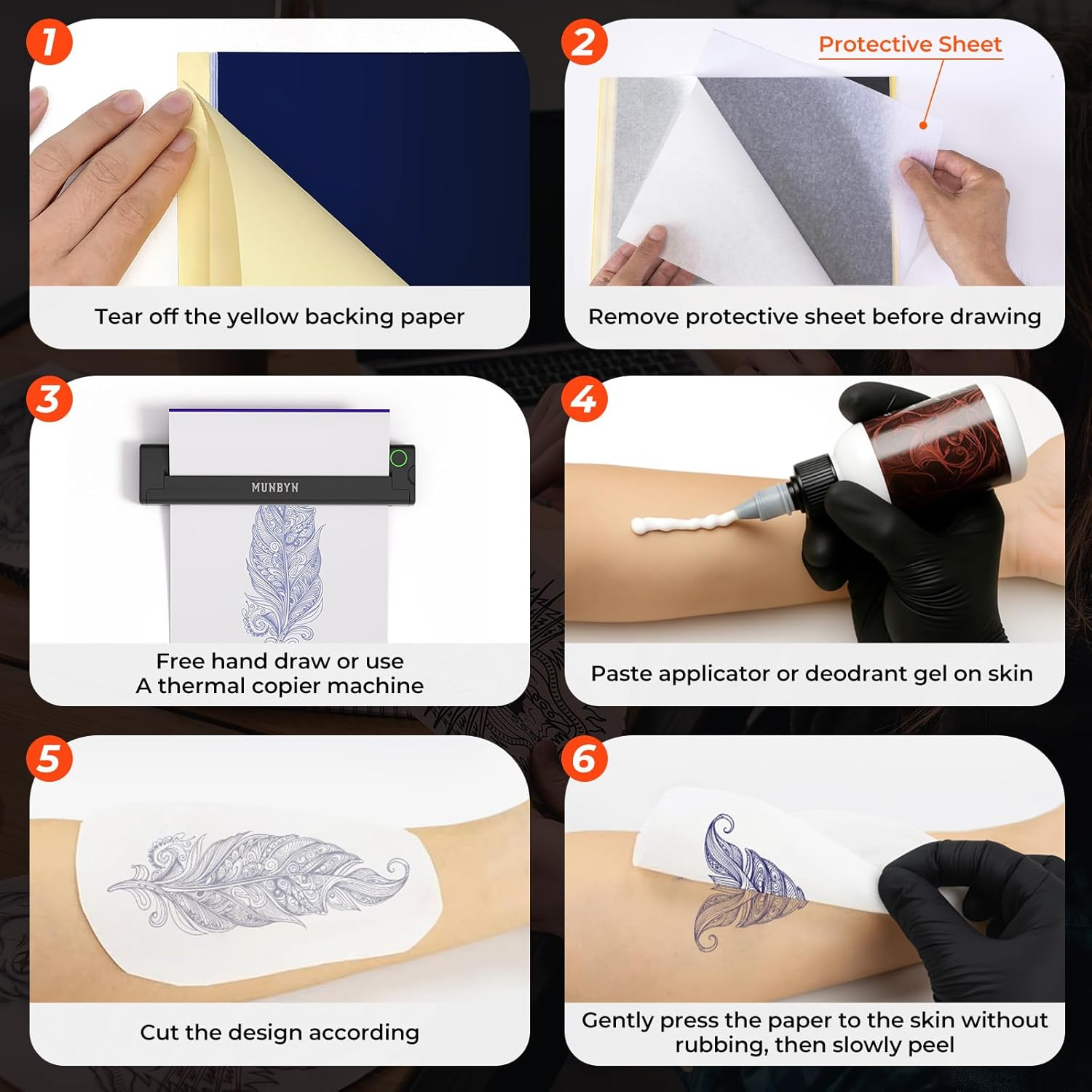 MUNBYN Premium HD Tattoo Transfer Paper 20 Sheets, A4 Size Tattoo Stencil Paper, Instant Clear Transfer, Tattoos Kit Supplies, Compatible with ITP05/ITP06/M08F/P90/MHT-P8009 Printer image number 5