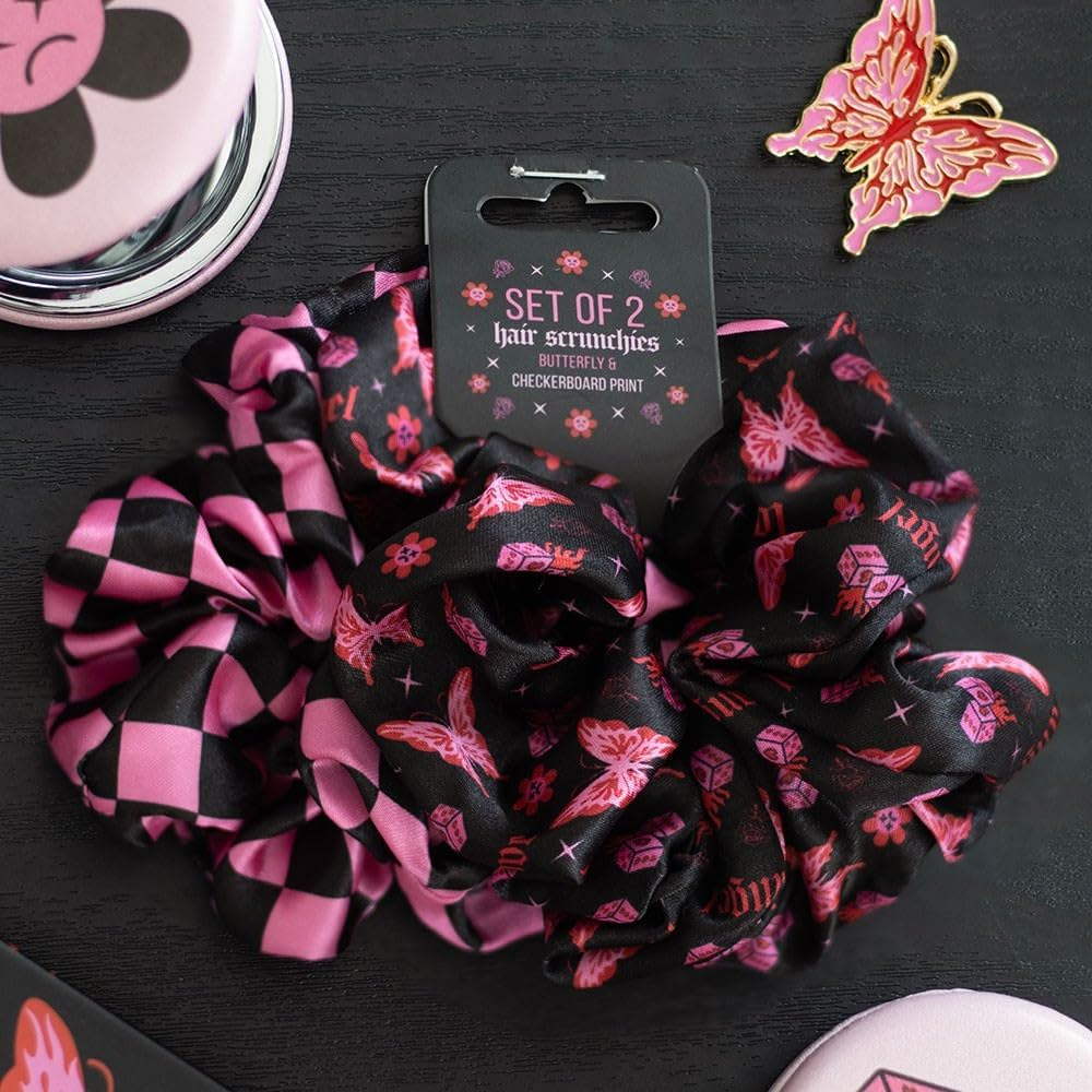 Rebel Butterfly and Checkerboard Hair Scrunchies Set, Black and Pink Polyester, 2 Pack image number 2
