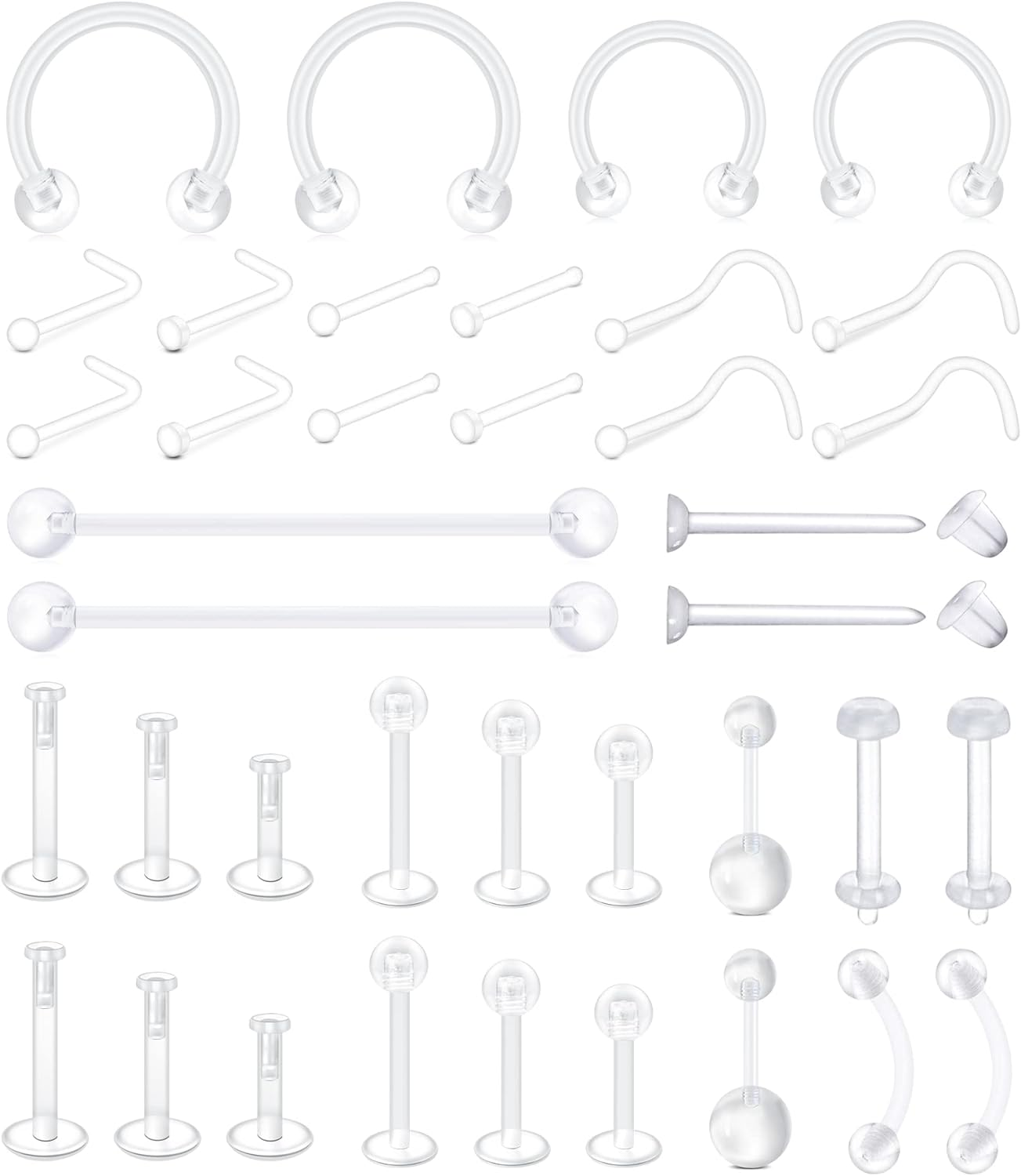 Mayhoop 38Pcs Clear Piercing Retainers for Surgery Bioflex Nose Rings Belly Rings Septum Eyebrow Lip Cartilage Tragus Earring Retainer Industrial Bar Plastic Piercing Jewelry for Work