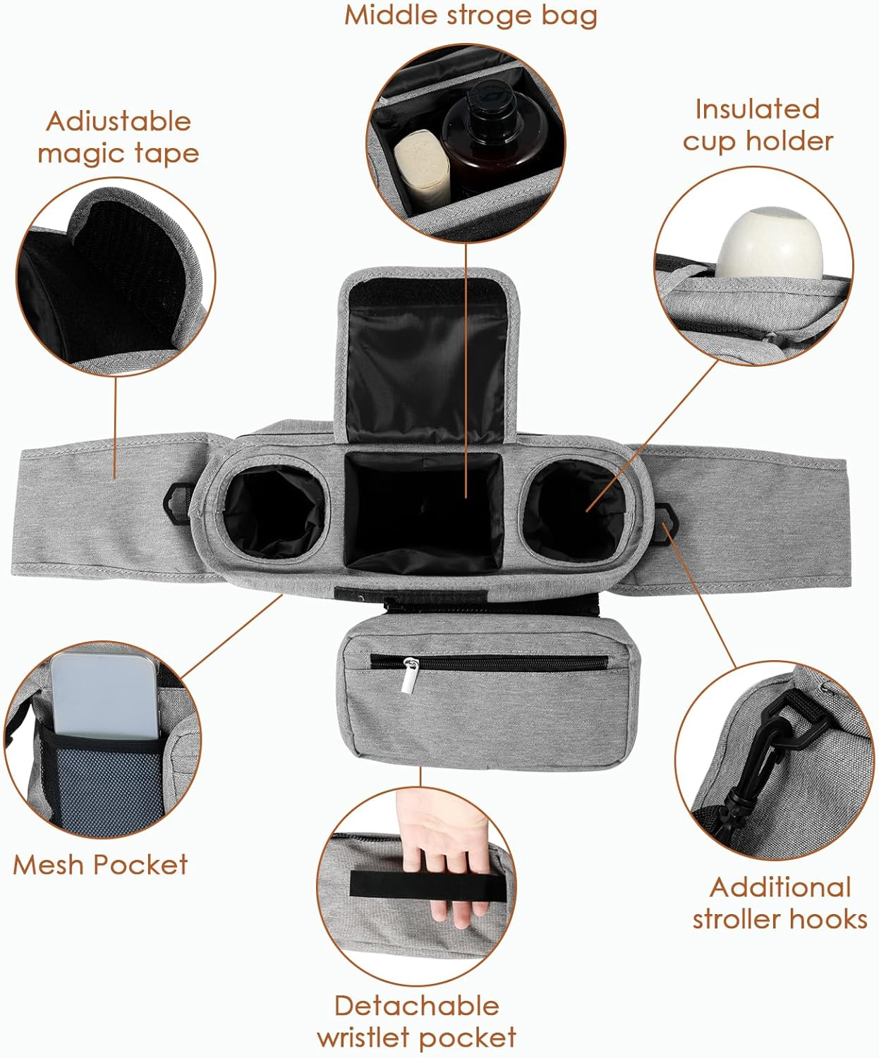 Abizarch Pram Caddy Baby Stroller Organizer with 2 Cup Holder Waterproof Oxford Stroller Caddy Organizer with Detachable Phone Pocket Adjustable Shoulder Strap for Stroller Travel image number 3