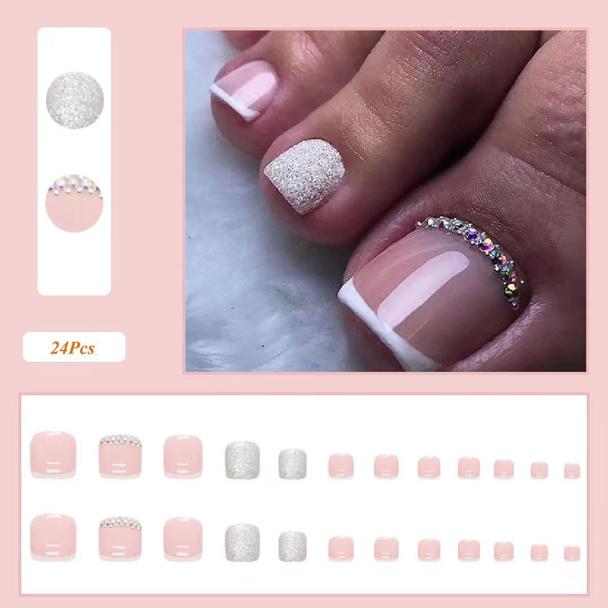 Kyzistn False Toe Nails, Square White French Fake Toe Nail, 24Pcs Glitter Press on Toenail with Rhinestones for Feet Fake Nails with Jerry Glue for Women and Girls image number 3
