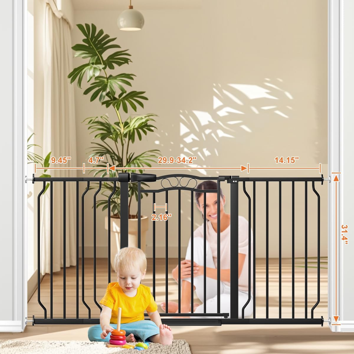 53.1-62.2" Extra Wide Baby Gate for Stairs No Drilling, 30" Tall Auto Close Press Mounted Baby Gate for Doorways, Adjustable Width Walk through Dog Gates for Doorways, Black image number 4