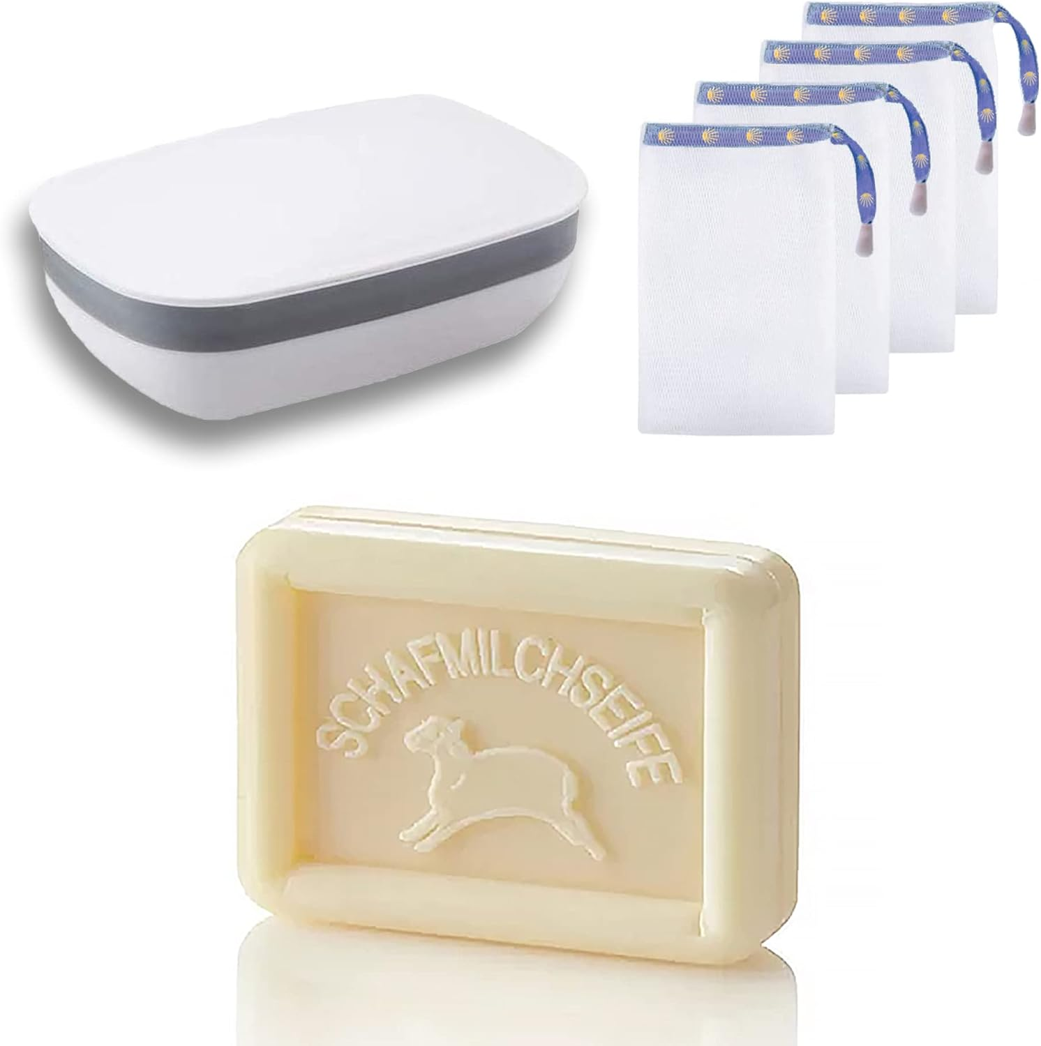 Buen Camino Washing Set Soap Set for Jakobsweg Sheep'S Milk Soap + Soap Box + 4 Pieces Soap Bags Firm Shower for Body and Hair Suitable for Sensitive Skin Odour Meadow Fragrance