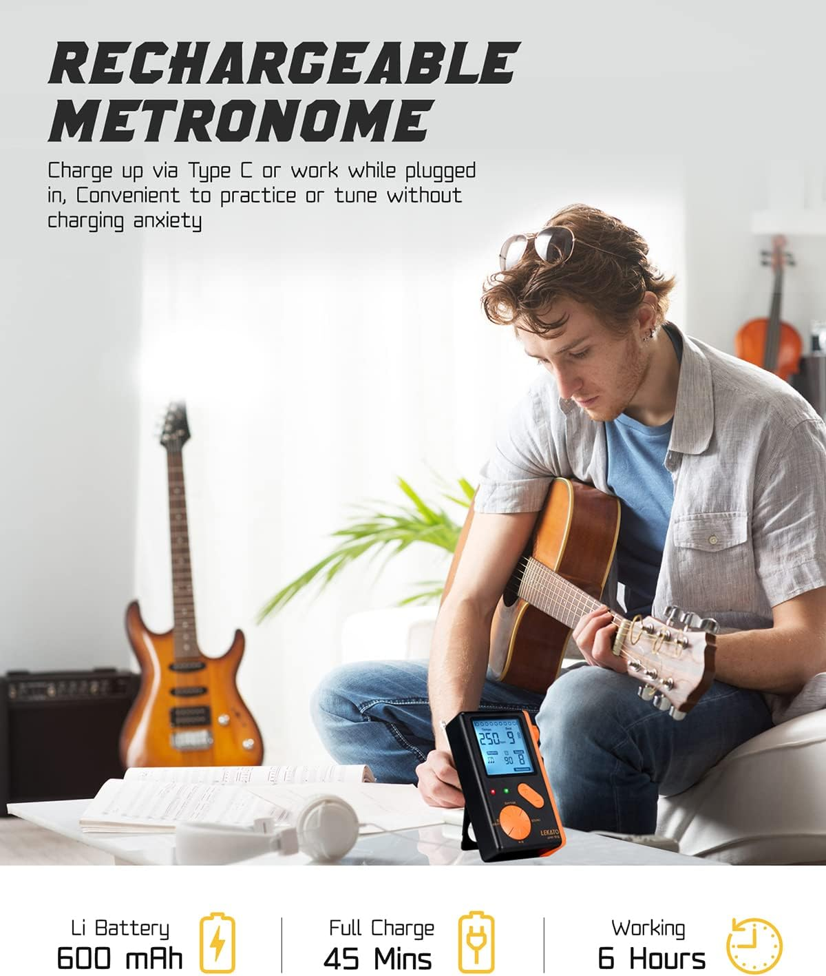 Electronic Digital Metronome for Piano Guitar Drum Ukulele Practice, Metronome with Timer, 8 Beat Tones, Tone Generator for All Instruments, Black Orange, by LEKATO image number 2