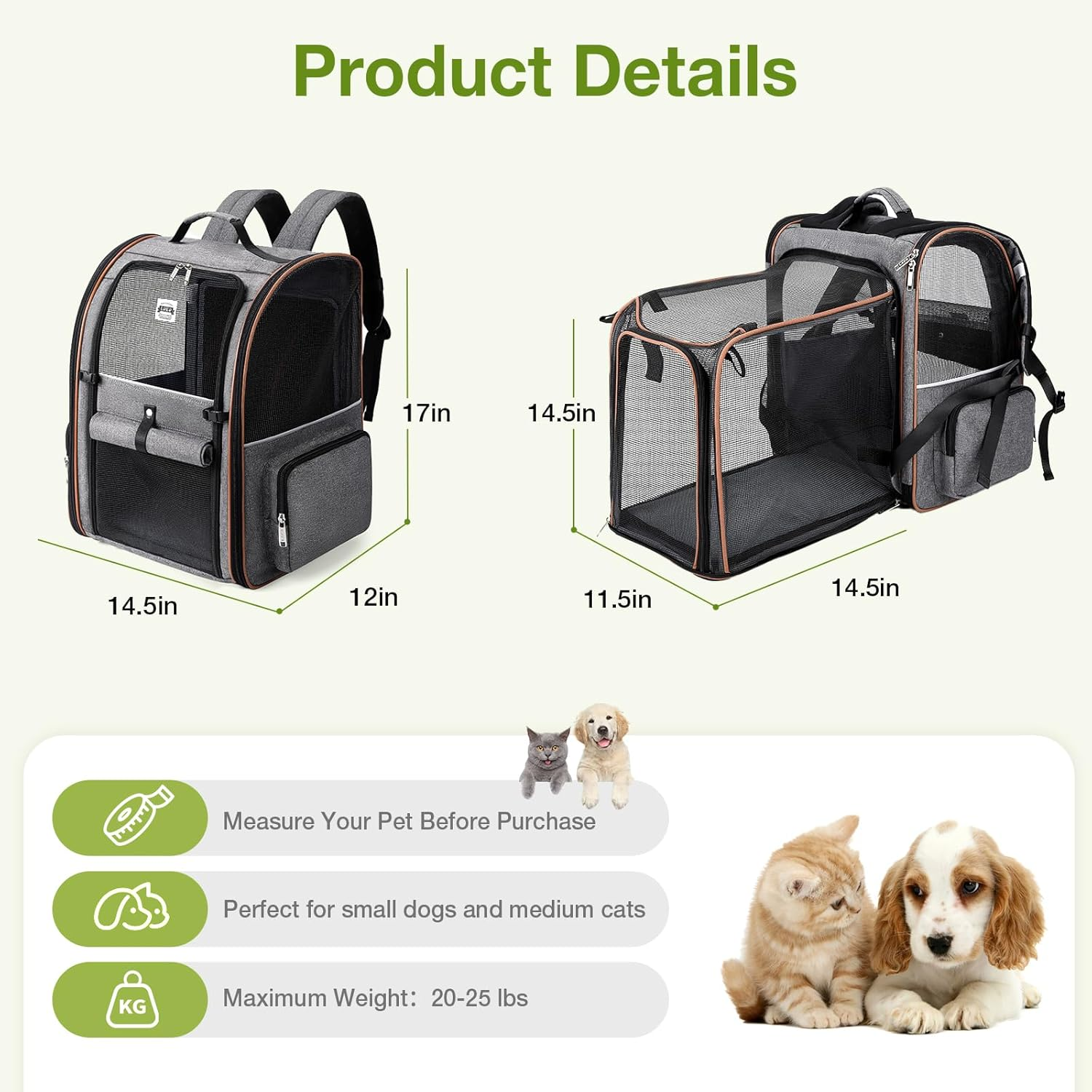 Lekebobor Large Cat Backpack Carrier Expandable Pet Carrier Backpack for Small Dogs Medium Cats Fit up to 18 Lbs, Dog Backpack Carrier, Foldable Puppy Backpack Carrier for Travel, Hiking,Grey image number 5