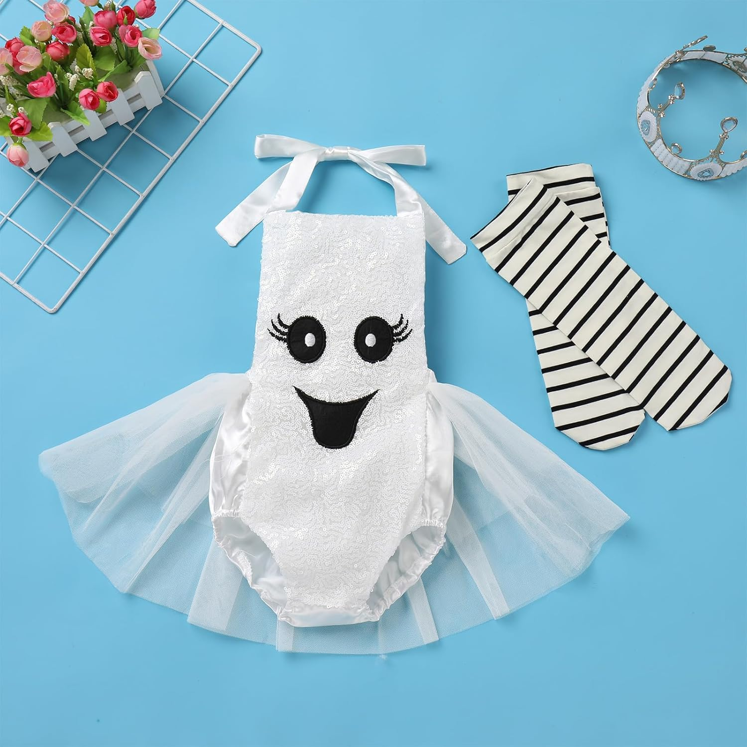 IMEKIS Newborn Baby Girls Ghost Pumpkin Costume Halloween Sequin Outfit with Socks Birthday Outfit Photo Shoot image number 4