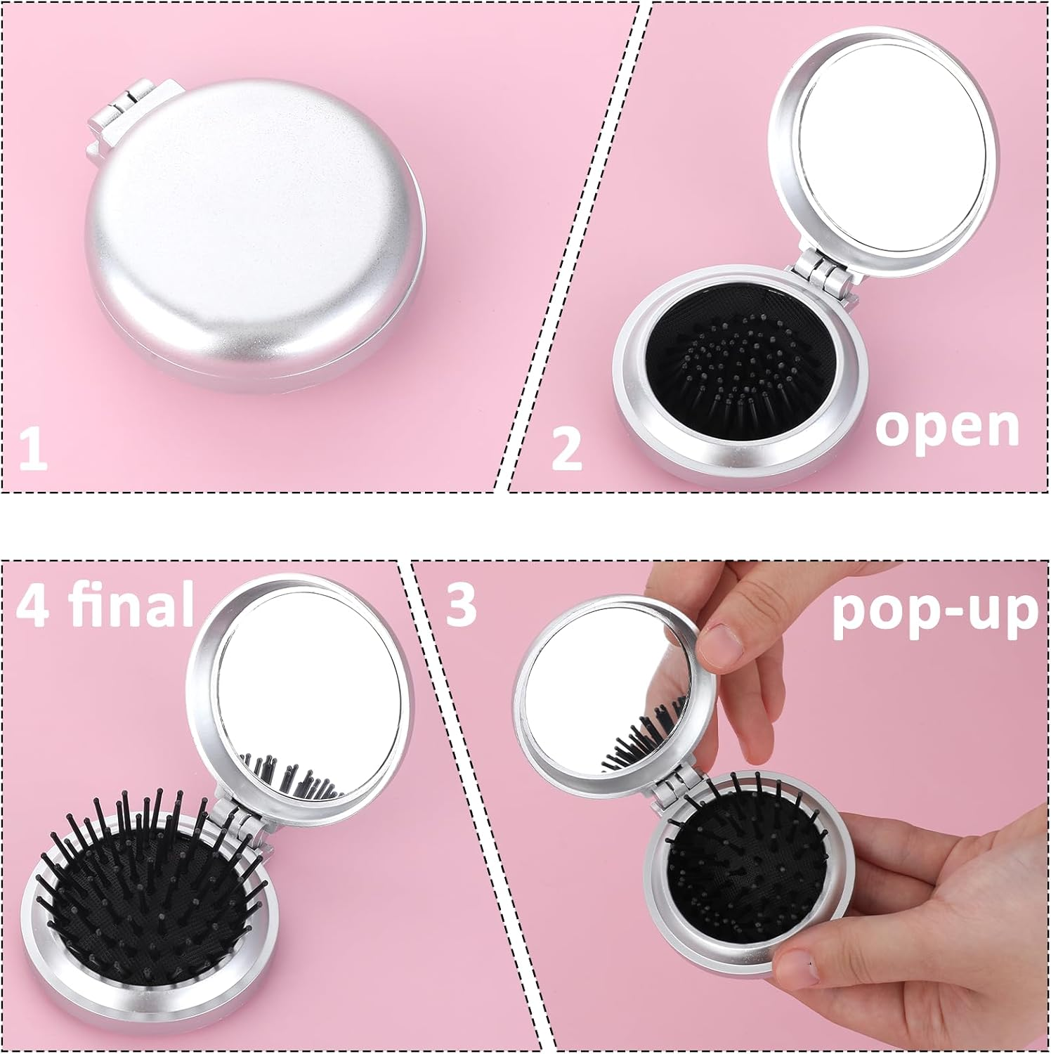 Round Folding Hair Brush, 2 Pieces Mini Hair Brush with Mirror Pocket Hair Massage Comb Portable Foldable Hair Brush Small Compact Purse Brush Travel Size Wet Hair Brushes for Women Girls Men image number 2