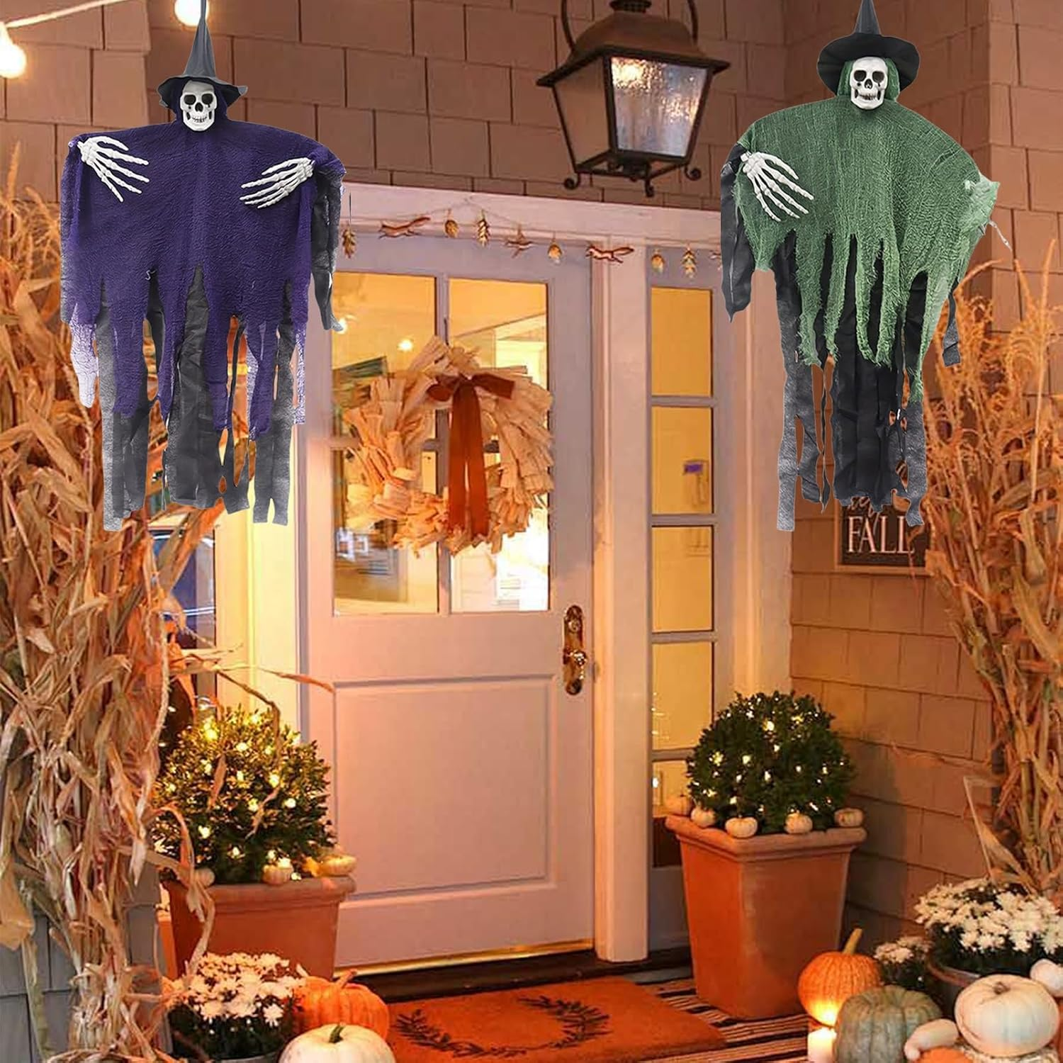 Halloween Decorations Outdoor, 2 Pack Halloween Hanging Witch, 41Inch Hanging Skeleton Ghost,Scary Flying Ghost with Wizard Hat for Haunted House Decor, Patio Porch Skull Prop (Purple+Green) image number 4