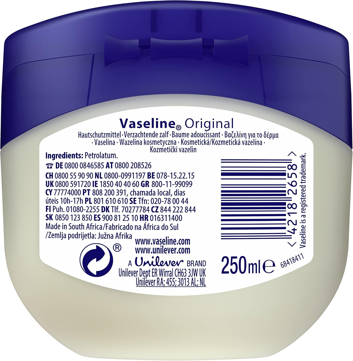 Vaseline Original Petroleum Jelly Moistruiser Skin Care for Cracked, Dry Skin and Eczema Relief 6X 250 Ml image number 3