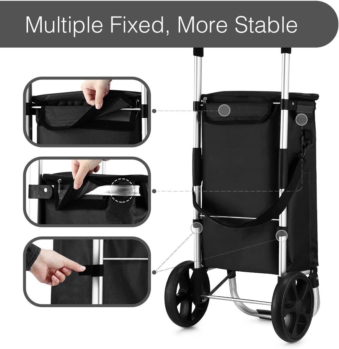 Waterproof Shopping Cart Foldable Trolley Aluminium Grocery Bag with Wheels Black 45L image number 4