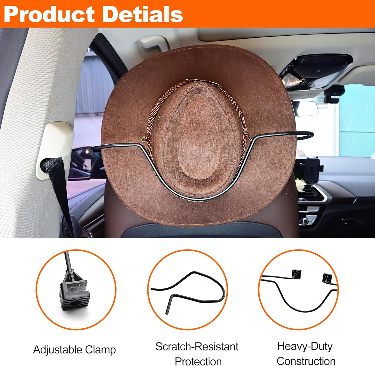 Cowboy Hat Holder for Truck, Car Hat Holder, Cowboy Hat Rack for Truck Suv Car Coat Hanger Hard Hat Holder for Truck Seat Car Accessories