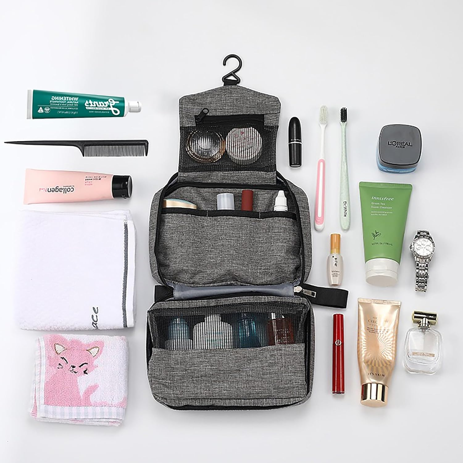 Xoxel Hanging Toiletry Bag with Handles Portable Wash Bag for Camping and Outdoor Wash Organiser + 2 Drawstring Pouches | Dry/Wet Separation Grey image number 1