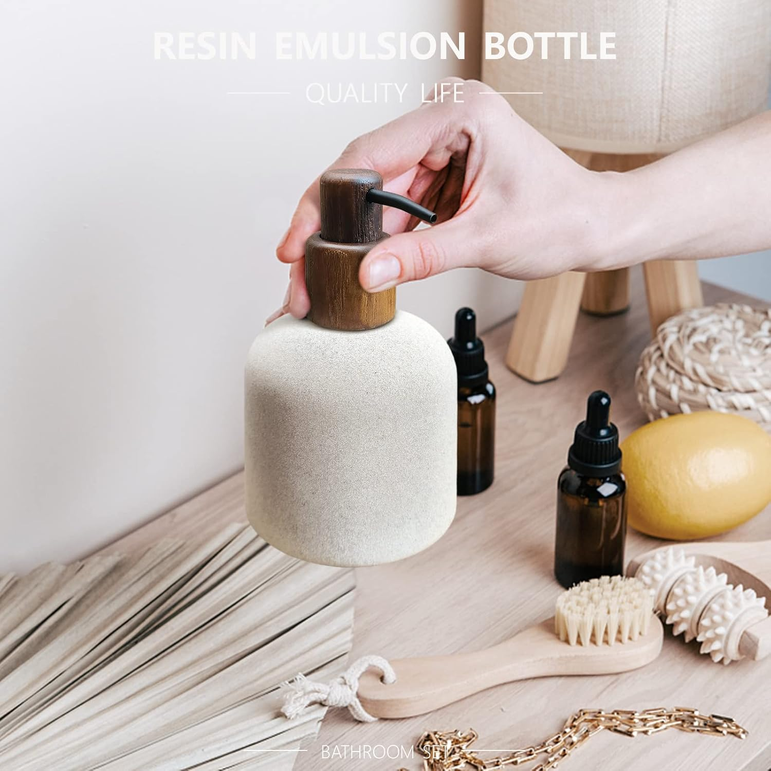 Asashizen 250Ml Japanese Style Resin Soap Bottle Dispenser Bathroom, Easy to Fill Washing up for Kitchen Sink, Refillable Shampoo and Conditioner Liquid Dispenser Bottles with Wooden Pump image number 2