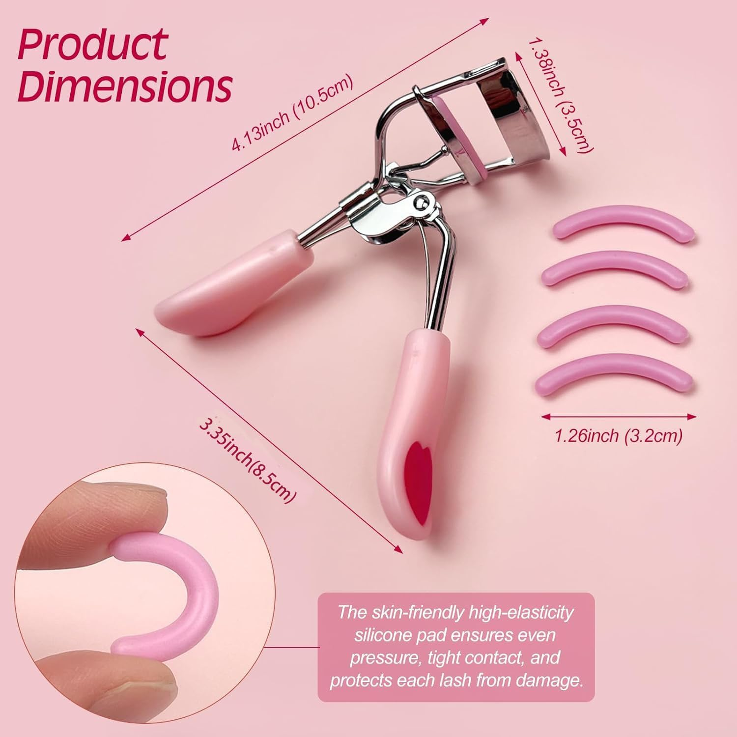 Pink Stainless Steel Eyelash Curler for Lasting Styling, with 4 Silicone Refill Pads, Pain-Free, Suitable for All Eye Shapes image number 6
