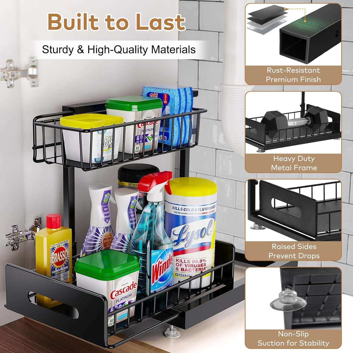 2 Pack under Sink Organiser, 2-Tier under Sink Storage Shelf Height Adjustable Durable Metal Sliding Drawers for Bathroom Kitchen Cabinet Storage under Sink Storage & Organisation (2 Pack Black) image number 1