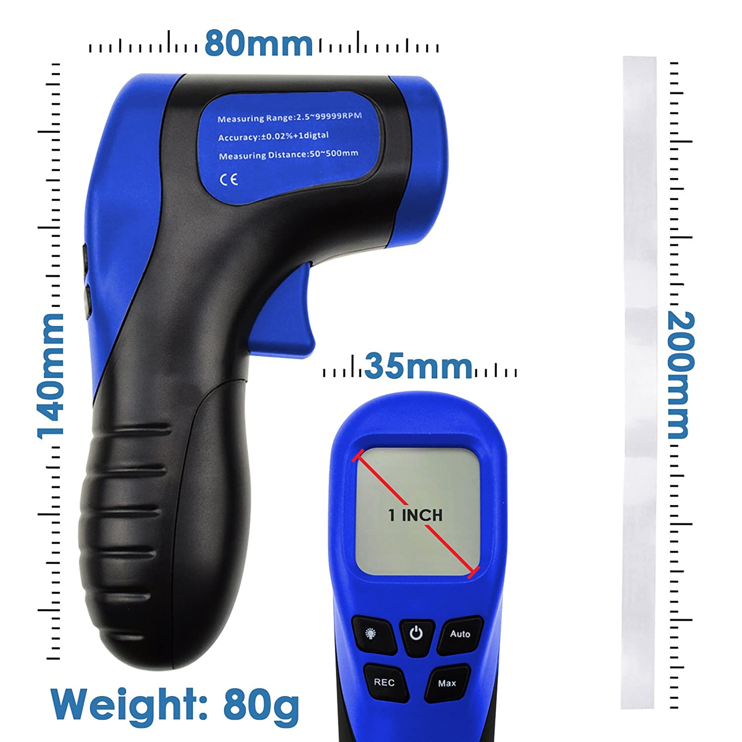 Laser Photo Tachometer Motor Speed Gauge Tester Non-Contact RPM Meter Motor Speed Gauge Gun - Accurate RPM Measurement with Rotational Record (Digital Tachometer)