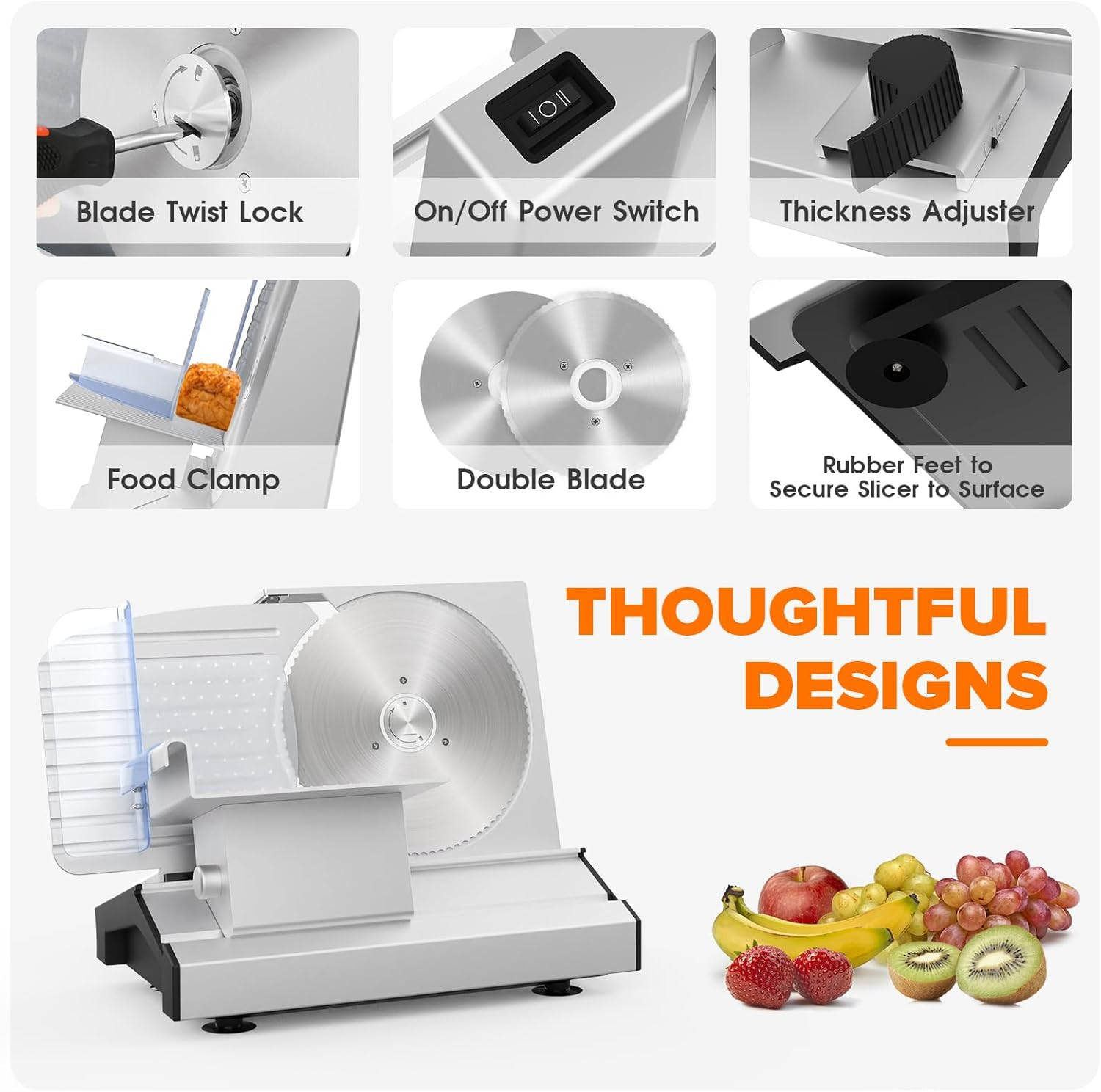 ADVWIN Meat Slicer, Electric Food Slicer with 8.6" Removable Stainless Steel Blade & Food Carriage, 0-20Mm Adjustable Thickness Upgraded Meat Slicer, Cheese Fruit Vegetable Bread Food Slicer image number 5