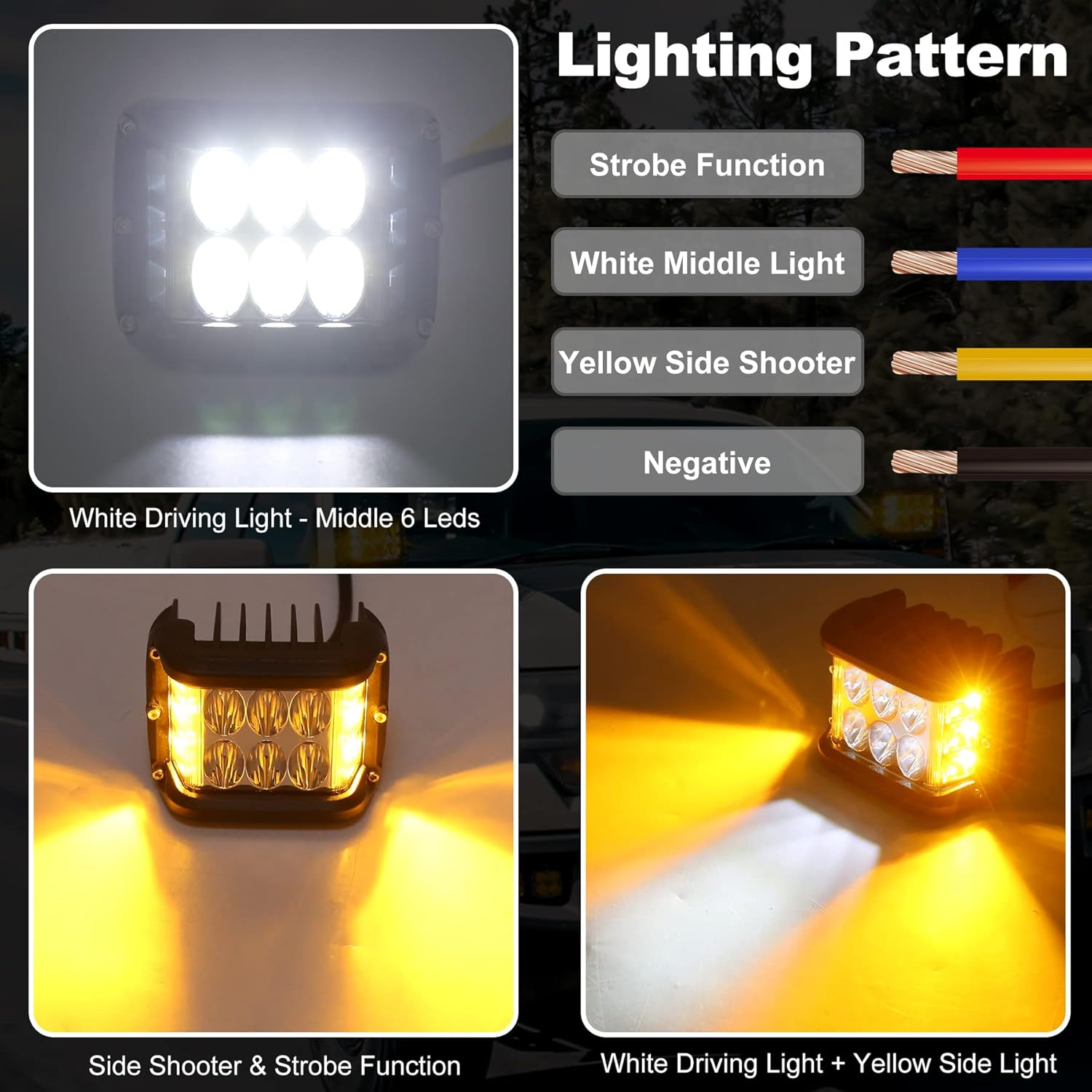 OVOTOR Side Shooter, LED Pods Light 4 Inch off Road Dual Side Yellow DRL with Flash Strobe Function Driving Flood Spot Cube Work Light Bar for Jeep Truck ATV Boat image number 3