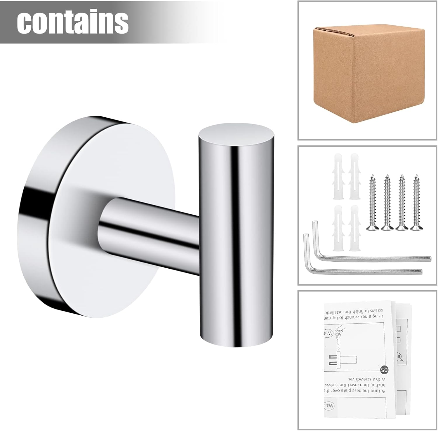 Neween 2PCS Bathroom Towel Hook, Screw in Coat Hooks Wall Mounted Chrome Robe Hooks, Stainless Steel Heavy Duty Wall Hook Cloth Hanger with 4 Screws for Bathroom Hotel image number 1