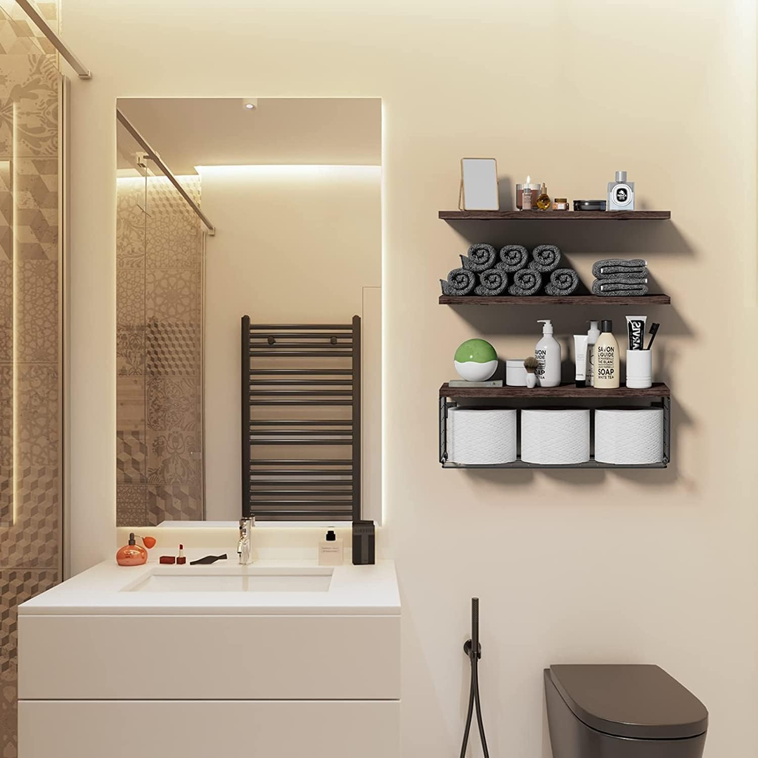 Floating Shelves Set of 3, Wall Mounted Shelf with Wire Storage Basket, Bathroom Shelves over Toilet, Wood Hanging Shelving for Bathroom, Bedroom, Living Room, Kitchen Decor image number 4