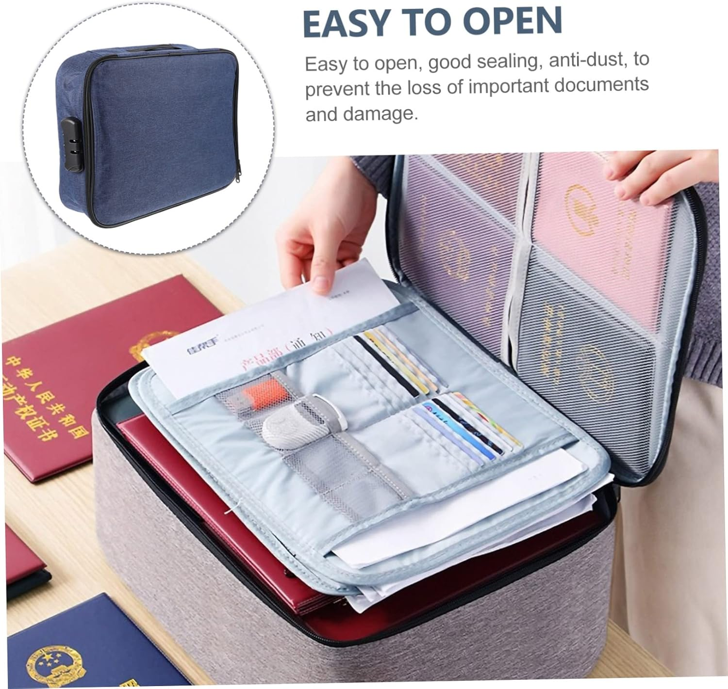 Parliky Handheld File Storage Pouch for Important Documents Document Organizer Photo Organizer Travel Lock - Navy image number 4
