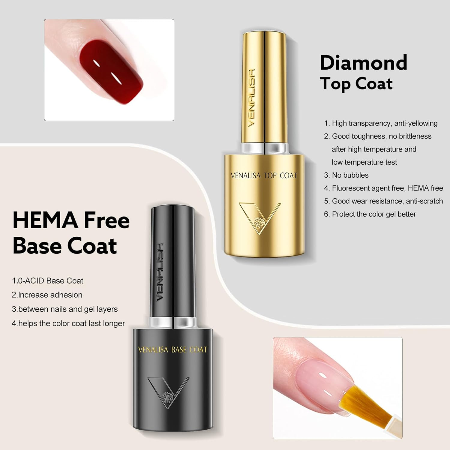 VENALISA No Wipe Gel Top Coat and Base Coat Set 2 Pcs 10ML for Gel Nail Polish, Shiny Finish and Long Lasting Soak off Salon Manicure DIY at Home image number 1