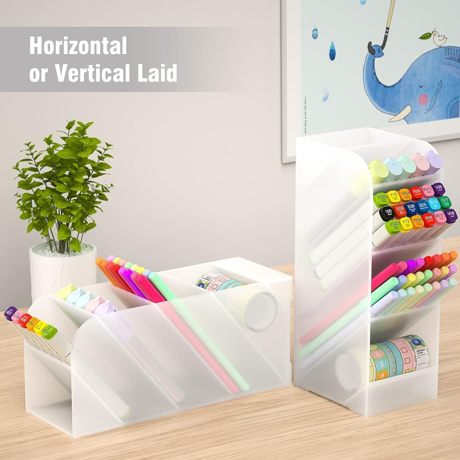 6 Pcs Pen Holder for Desk,Desk Organizer,4 Compartment Multifunctional Pen Storage Box,Pencil Case for Office,Storage,Makeup Brush Storage Box, School Supplies (Translucent White) image number 4