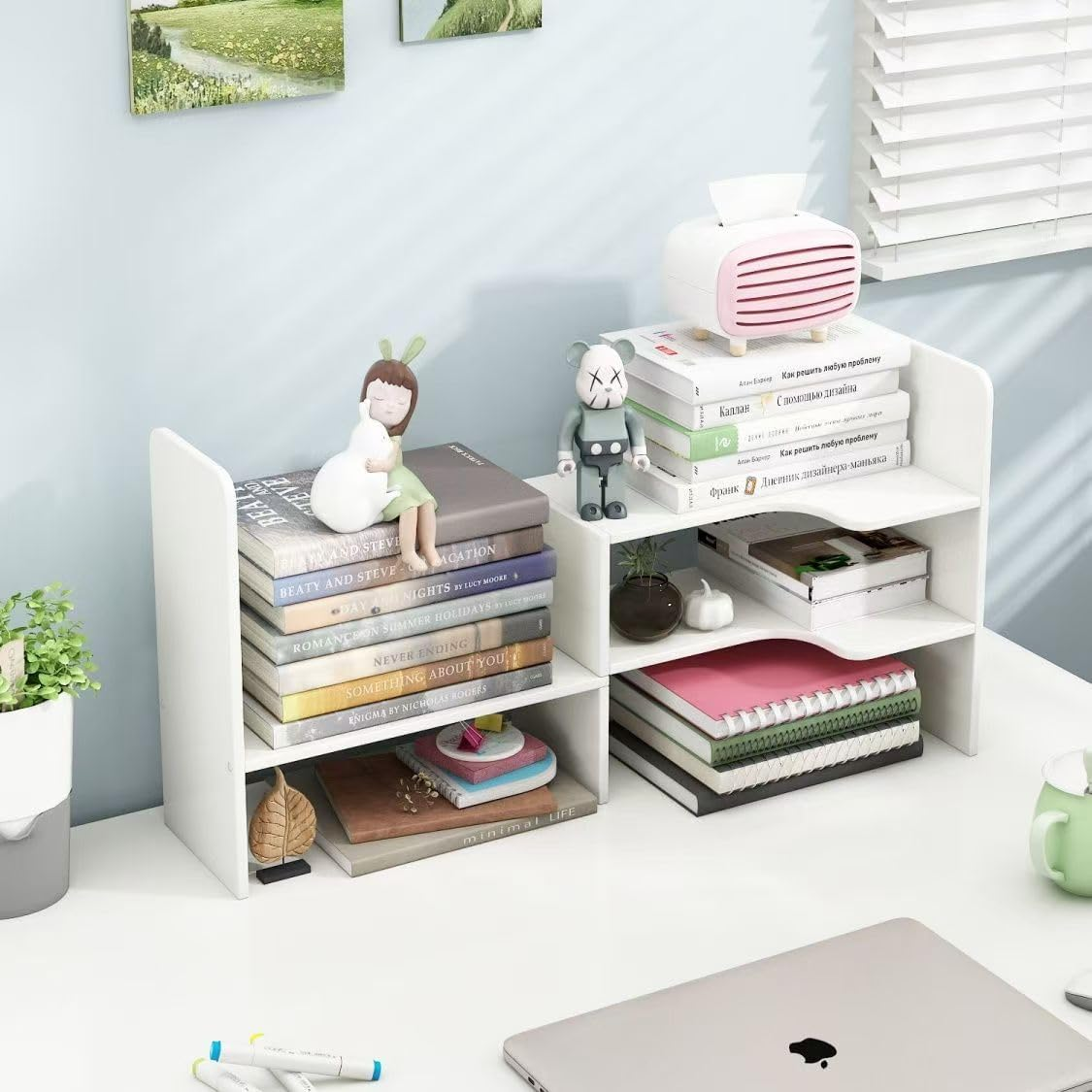 Hbluefat Corner Desktop Bookshelf Organizer, Adjustable Wood Tabletop Small Bookcase, Counter Top Display Storage Shelf/Rack for Home Office (White) image number 5