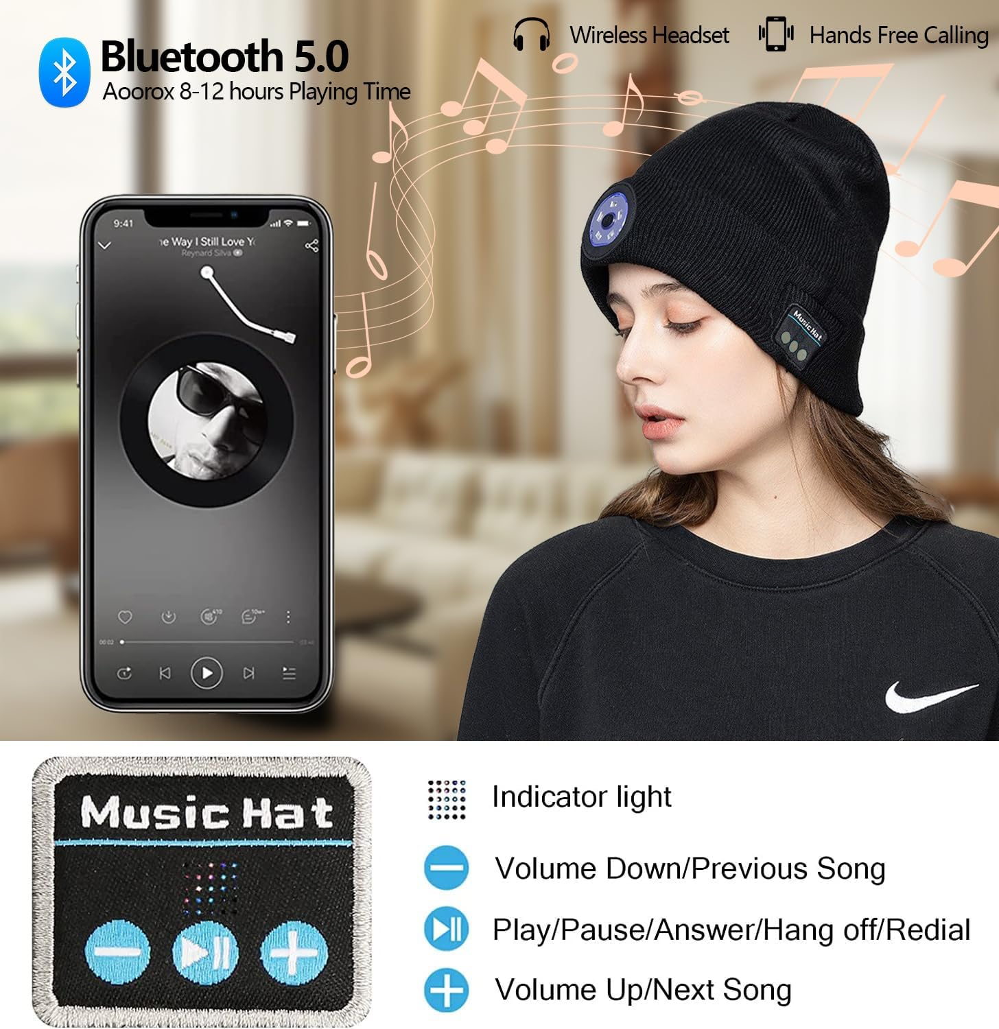 Bluetooth Beanie with a Light, Unisex USB Rechargeable LED Fashlight Hat with Cordless Headphones, Unique Christmas Birthday Gifts for Men Him Husband Teen Black image number 3
