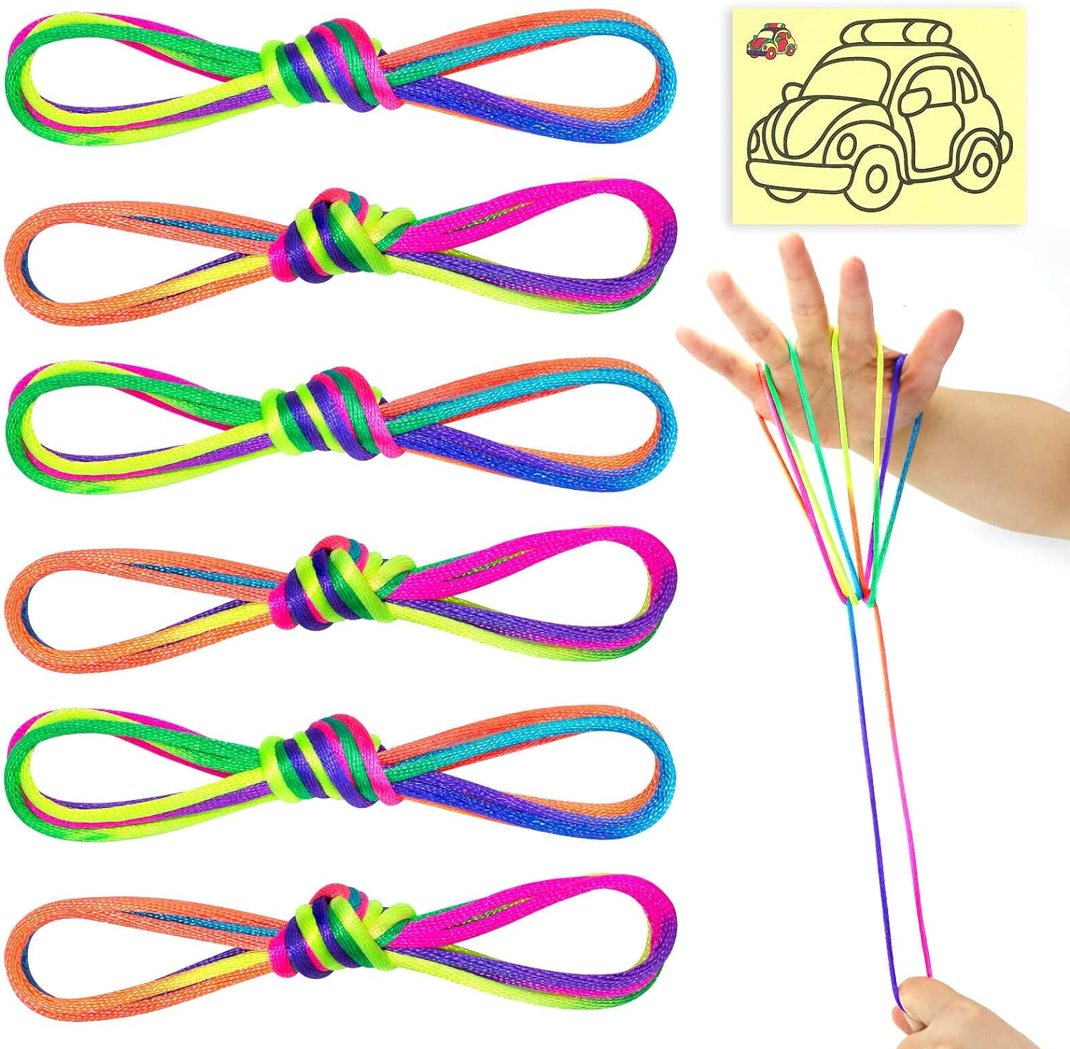 SONGTIY 6PCS Cats Cradle String, 65 Inch Long Rainbow Colourful Finger Rope, Chinese Finger String Games Toy for Kids, Adults, Children'S Day, with a Sand Painting, Rainbow