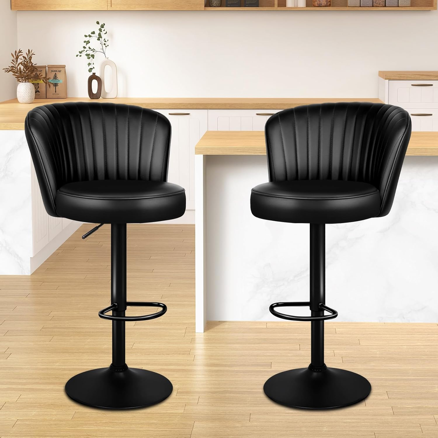 ALFORDSON Bar Stool 2Pcs Swivel Kitchen Stools Willa Adjustable Counter Barstools Black Dining Chair in 62-84Cm Seat Height with Antiskid Floor Protector for Home Bar Dining Room