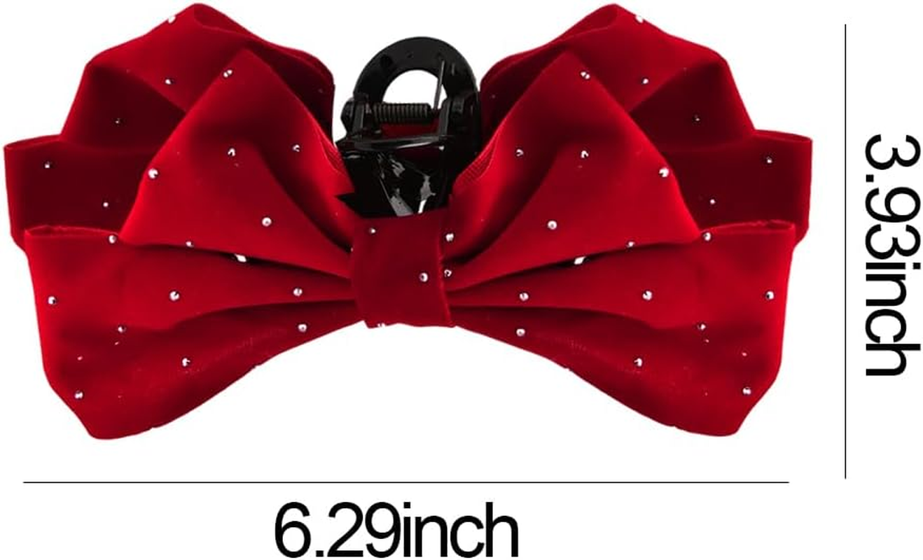 Large Bow Hair Claw Clip for Girls Velvet Red Hair Bows with Rhinestones Big Claw Clips for Thick Long Hair Bowknot Hair Accessories for Women Party Prom Jaw Clips Nonslip Hair Clamp for Styling