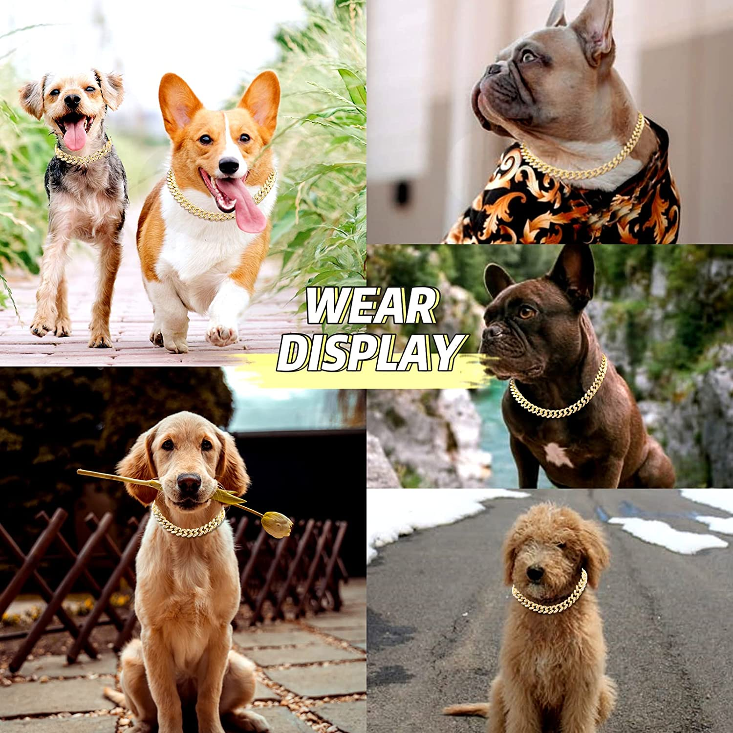 Flatfoosie Cuban Link Dog Collar Gold Silver Color Metal Dog Chain Collar Cuban Diamond Chain Pet Collars for Dogs Cats Jewelry 8/10/14/16/18/20/24/28 Inch (18Inch, Gold) image number 1