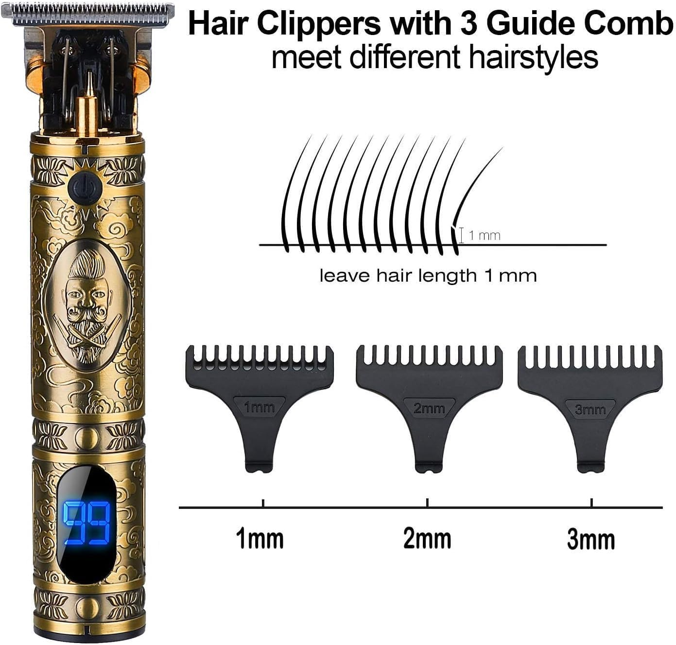 Hair Clippers Trimmer for Men,Hair Beard Body Arm Professional Electric T Blade Liners Outline Edgers Shaver 0Mm Bald Zero Gap Grooming Kit LED Low Noise Cordless Rechargeable with Guide Combs(Gold)