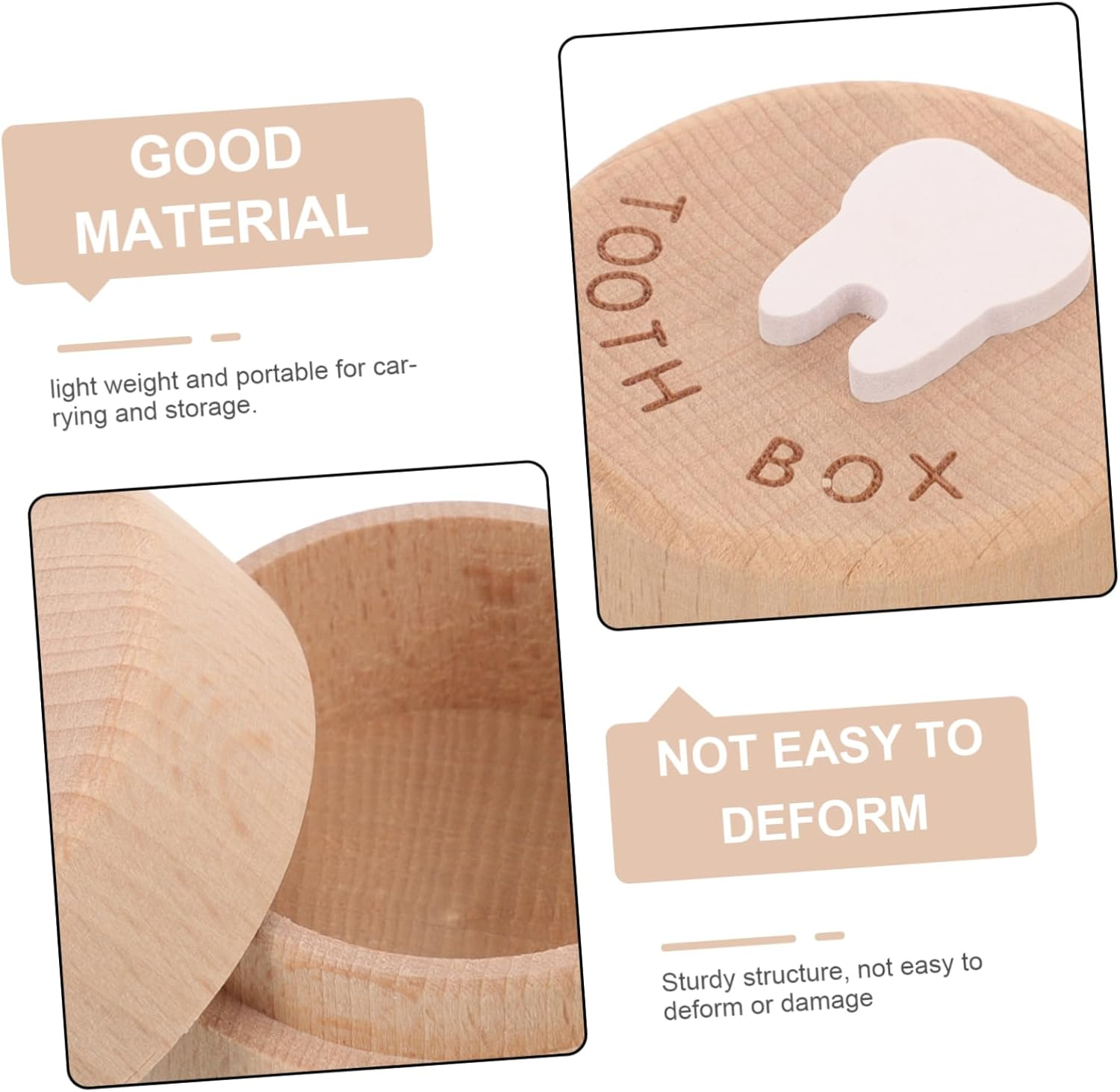 Wooden Baby Tooth Box Lid, Children Teeth Keepsake Organizer and Fetal Hair Holder, Small Natural Wood Storage Container for Boys and Girls Memory Collection