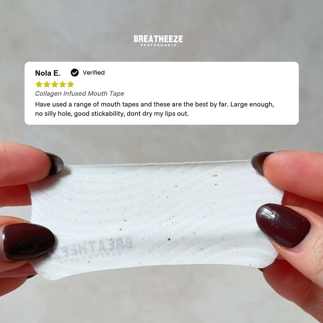 BREATHEEZE Collagen Mouth Tape &ndash; Ultra-Soft, Skin-Safe Sleep Strips Infused with Collagen, Aloe Vera & Vitamins &ndash; Hydrating, Non-Irritating Snore Relief Tape for Deep Sleep & Smooth Skin &ndash; 30 Pack image number 4