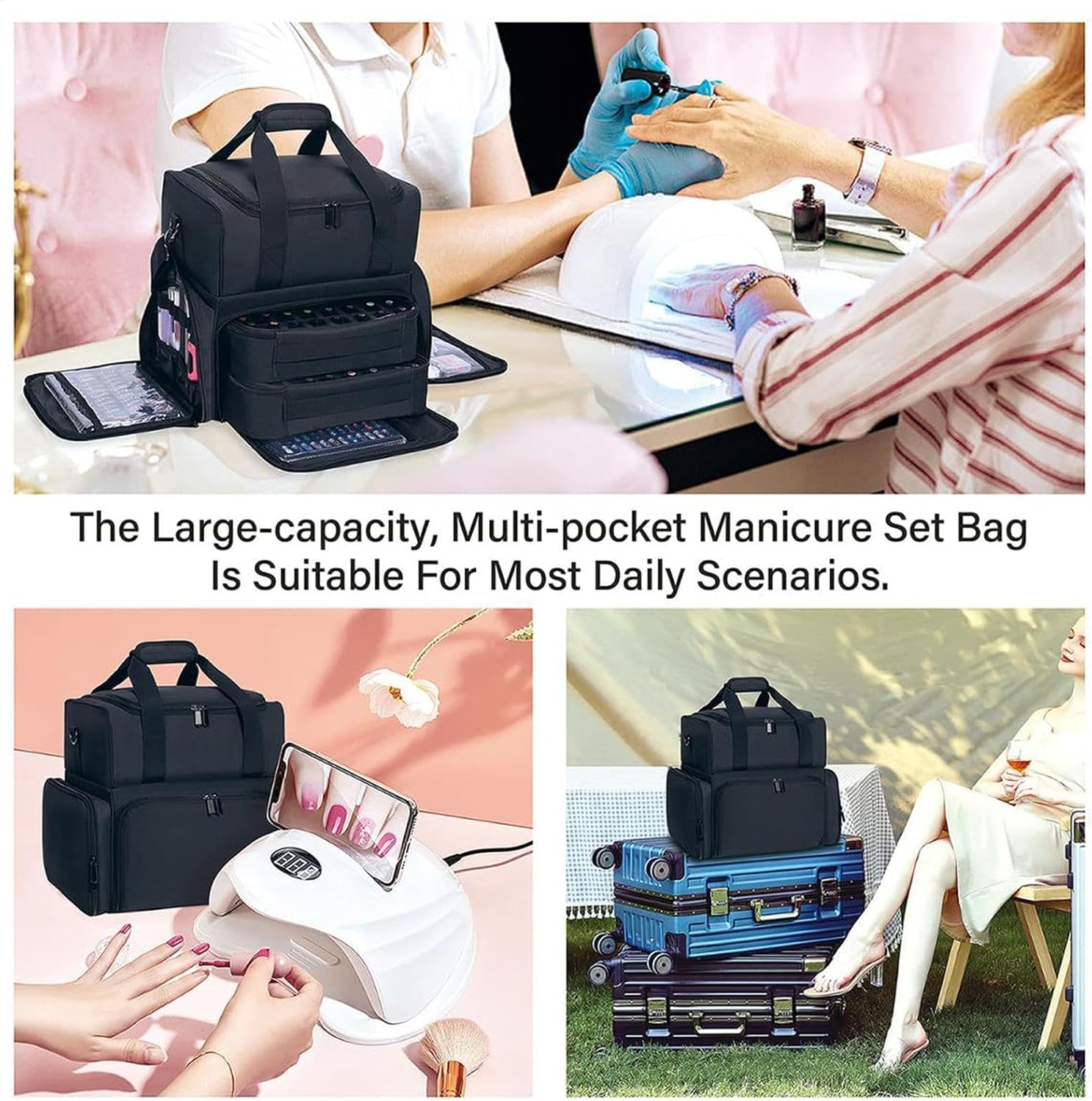 Nail Polish Organizer Bag Holds 70 Bottles& Nail Lamp, Nail Kit Storage Shoulder Bag with 2 Removable Cases, Portable Travel Backpack for Nail Tech Supplies Manicure Tools 39X33.4X22.6Cm image number 4