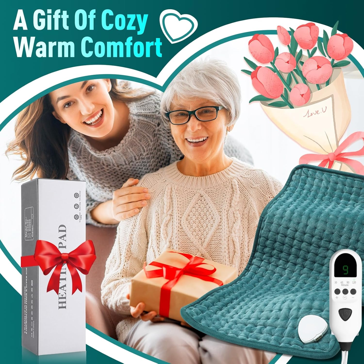 Electric Heating Pad, Soft Heated Pad with LCD Controller, 9 Heating Levels, 4 Gears Timing, Fast Heating & Machine Washable, Great for Back Neck Shoulder Belly Leg Arm, 60Cmx30Cm, Green image number 1