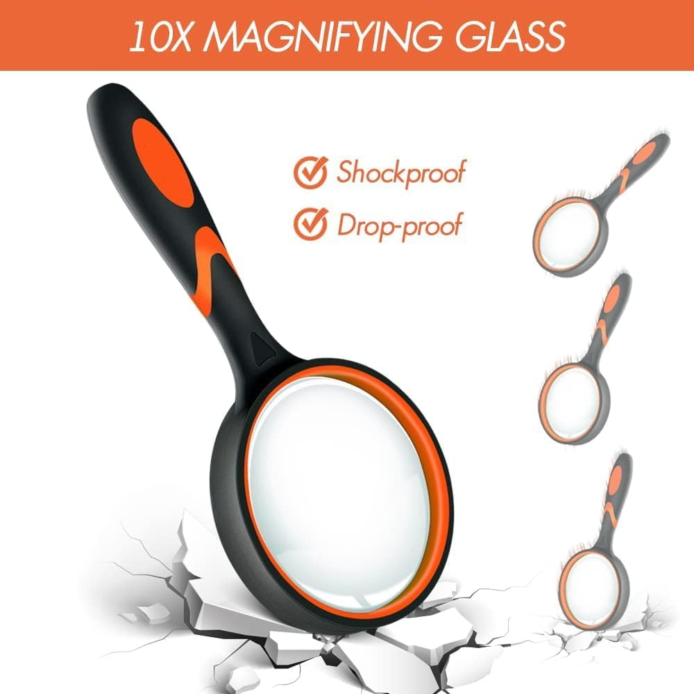 2 Pack 10X Magnifying Glass for Seniors & Kids, Non-Slip Handheld Magnifier for Reading, 75Mm Magnify Glasses Lens for Close Work, Science and Hobby Observation（Green and Orange