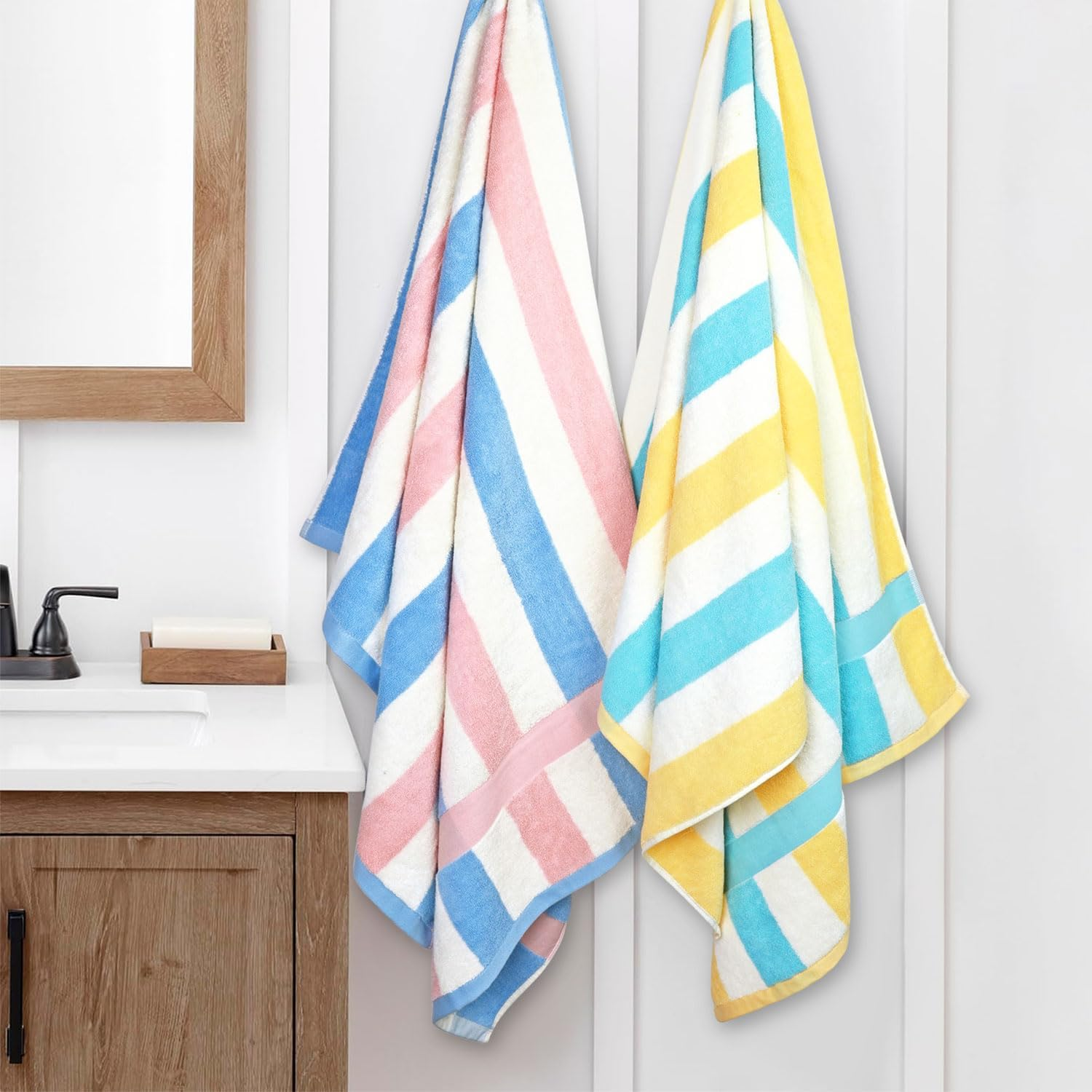 100% Cotton Bath Towels Set of 2, Highly Absorbent Towels for Bathroom, Hotel, Spa, Large Bathroom Towels Striped 55 X 27.5 Inches (Peach-Pink & Teal) - Green  Lilac image number 3