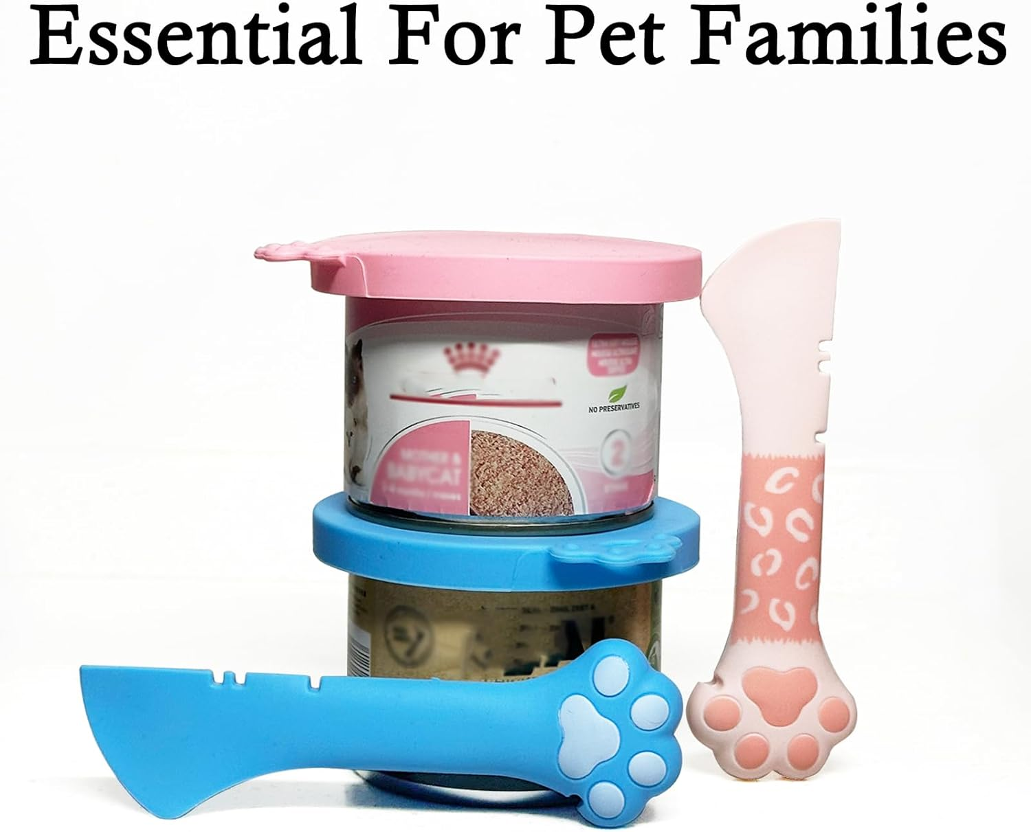 SJANE Cat Food Can Spoons & Can Lids | 4 Pcs | Colorful Multi-Function Cute Paw Shape Can Opener | Universal Silicone Pet Food Can Covers | Wet Food Spatula for Kittens and Dogs(Pink+Blue) image number 3