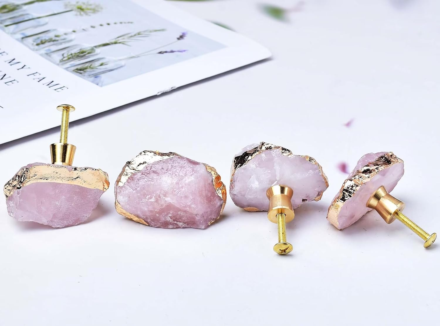FZBHRO Rose Quartz Drawer Cabinet Knobs Pink Crystal Stone Knobs Handles Gold Plated Gemstone Cupboard Pulls Decorative for Home Office 4 Pack - Pink image number 4