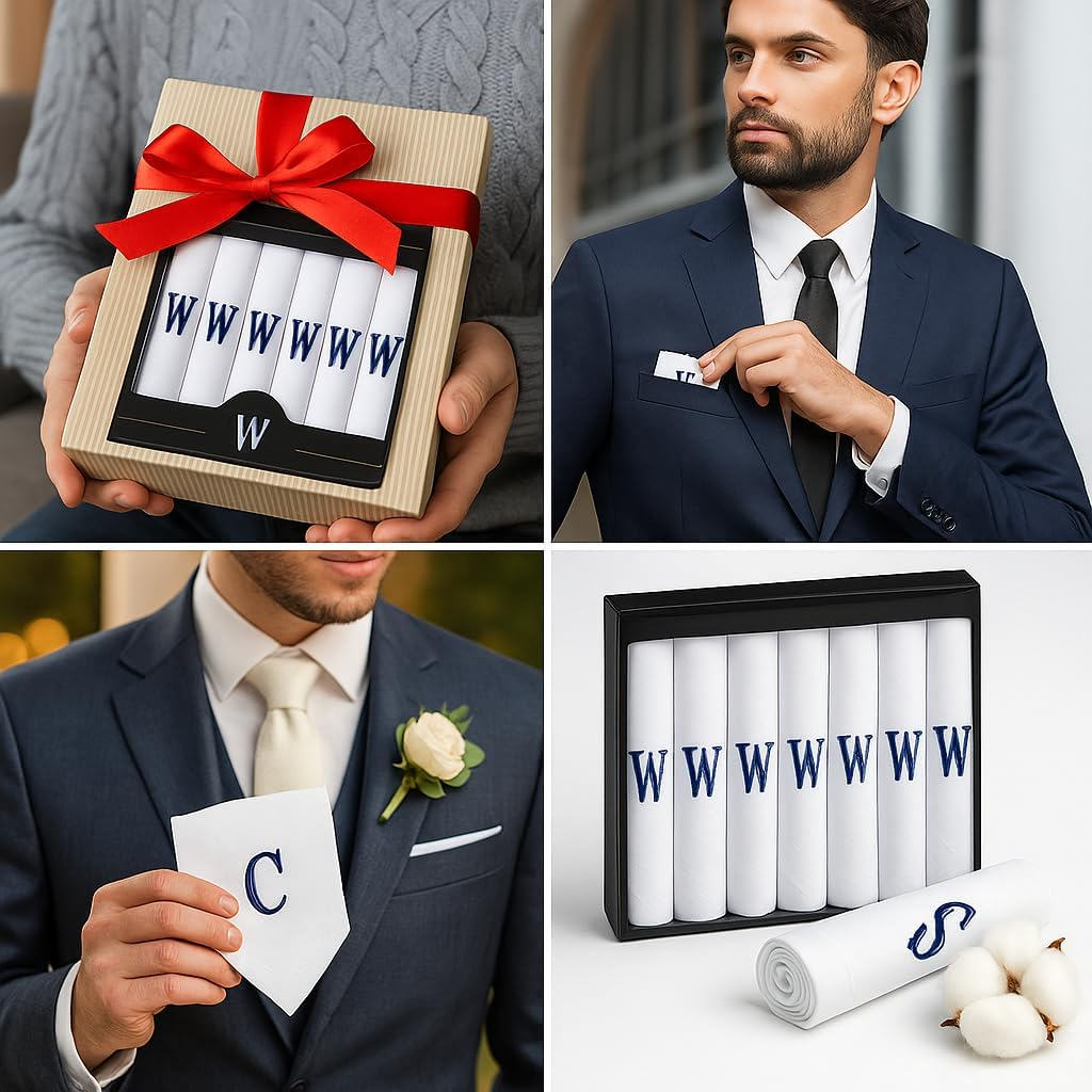 Dudu N Girlie Taschent&uuml;cher F&uuml;r Herren/Herren, Satin, Mit Gestickten Initialen, Wei&szlig; image number 4