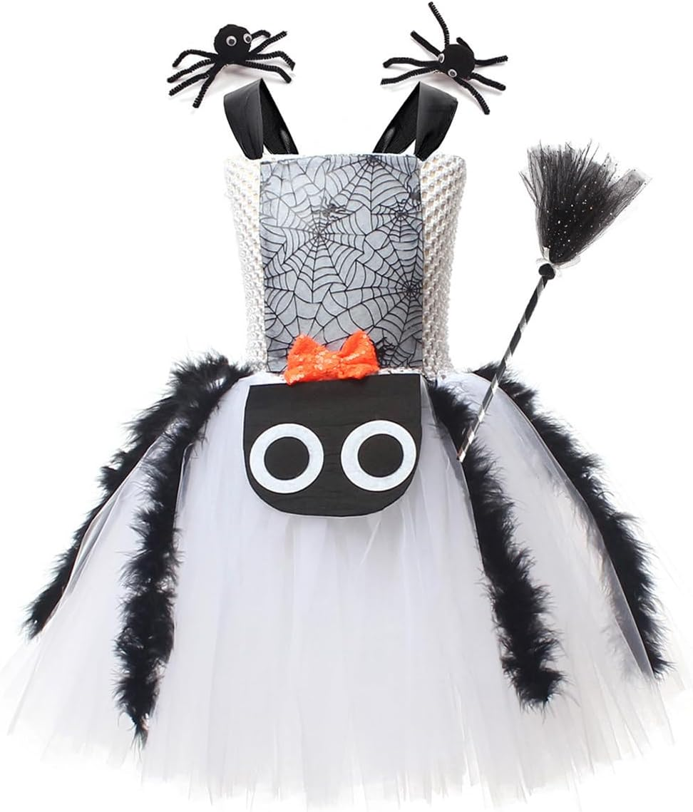 IBAKOM Witch Costume Girls Halloween Costume Children 2-Piece Cosplay Outfit Dress X 1 + Witch Broom X 1 Tulle Dress Wizard Costume Fancy Dress Costume for Carnival Cosplay Party Festival White 10-12