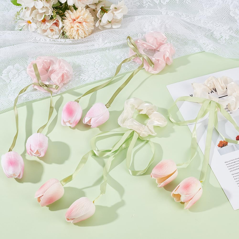 CABODYALS Pack of 4 Hair Bands with Tulip Motif in 2 Colours Ruffles Made of Chiffon Stretchy Polyester for Women, E.G. for Weddings, Parties or Birthdays.