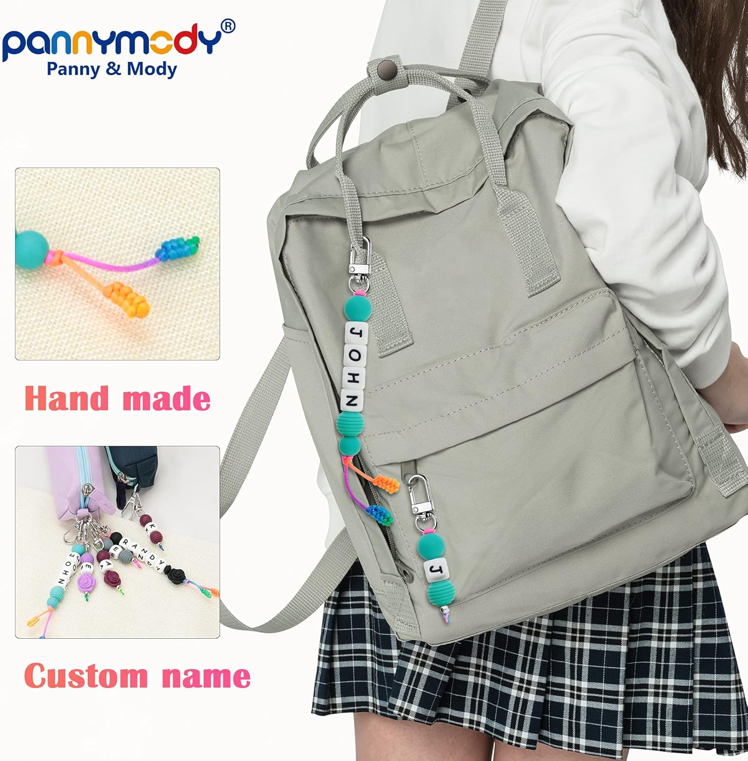 Personalised School Bag Name Tag Child ID Tag with Name, Silicone Beaded Name Tag for Childcare, Daycare, Kindergarten Backpacks - Grey Cat image number 6