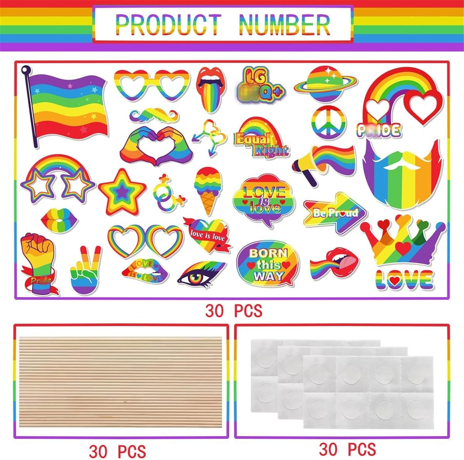 30 Pcs Pride Month Rainbow Photo Booth Props, LGBTQ Love Is Love Paper Selfie Props for Pride Month Party Decoration, Gay Lesbian Party Favors image number 4
